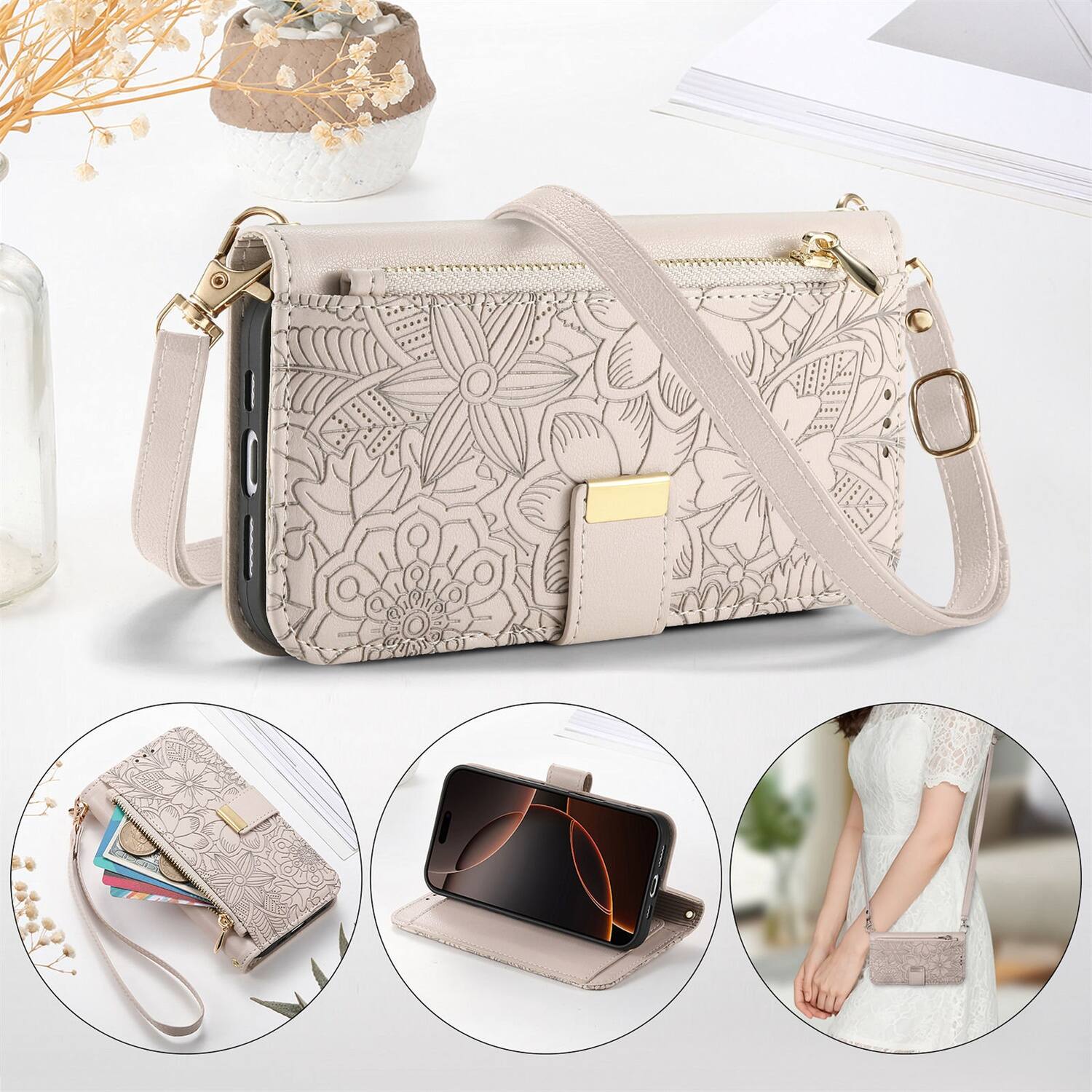 Alt View 8. Dteck - Floral Embossed Leather Zipper Cash Slot Wallet Case for Apple iPhone 16 with Detachable Strap - Beige.