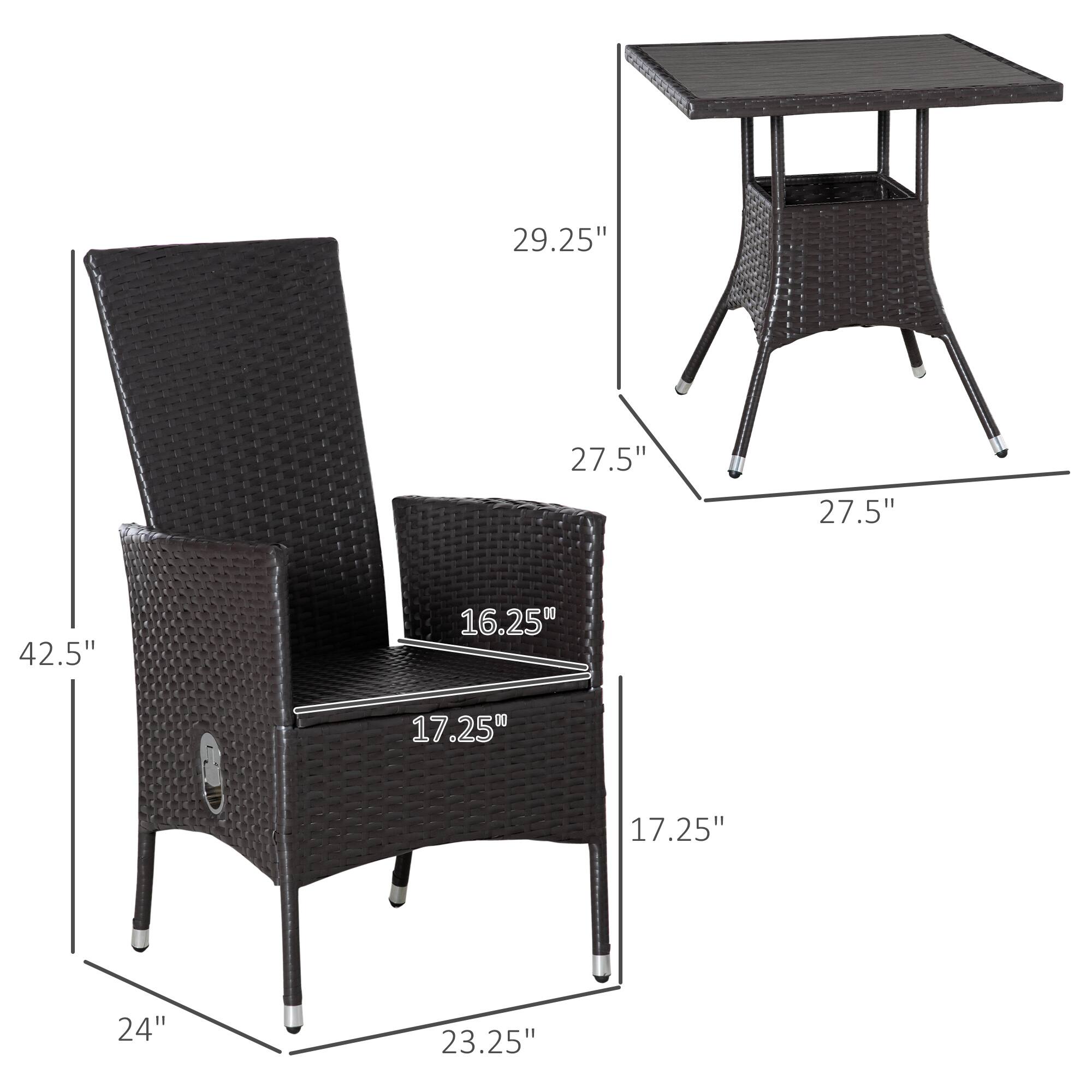 - Chair:
  - Height: 42.5"
  - Width: 24"
  - Depth: 23.25"
  - Seat Height: 17.25"
  - Seat Depth: 16.25"
  - Back Height: 27.5"

- Table:
  - Height: 29.25"
  - Width: 27.5"
  - Depth: 27.5"