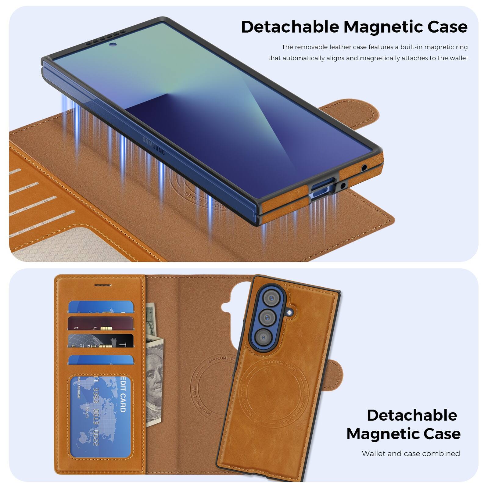 Detachable Magnetic Case

The removable leather case features a built-in magnetic ring that automatically aligns and magnetically attaches to the wallet.

Detachable Magnetic Case

Wallet and case combined