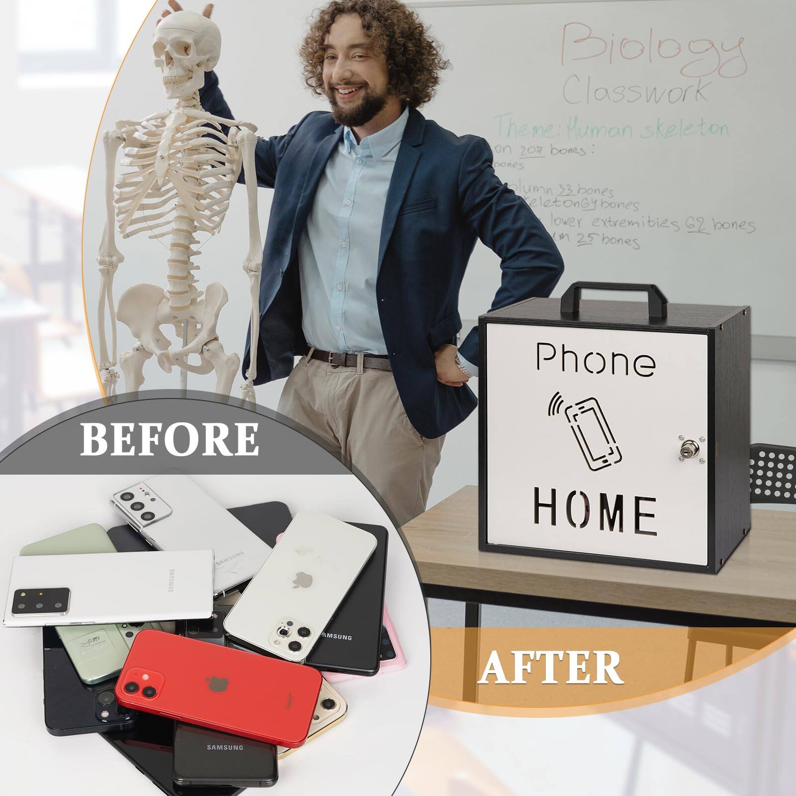 **Biology Classwork**

**Theme: Human skeleton**

- 206 bones
  - Skull: 22 bones
  - Vertebral column: 33 bones
  - Thorax: 52 bones
  - Upper extremities: 62 bones
  - Lower extremities: 25 bones

---

**Phone HOME**

---

**BEFORE**

**AFTER**