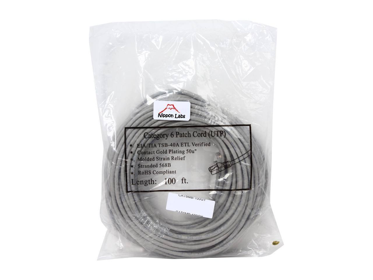 Nippon Labs Category 6 Patch Cord (UTP)  
EIA/TIA TSB-40A ETL Verified  
Contact Gold Plating 50u"  
Molded Strain Relief  
Stranded 568B  
RoHS Compliant  
Length: 100 ft.  

CATOMD-TUDGT  
CATOMD-1000