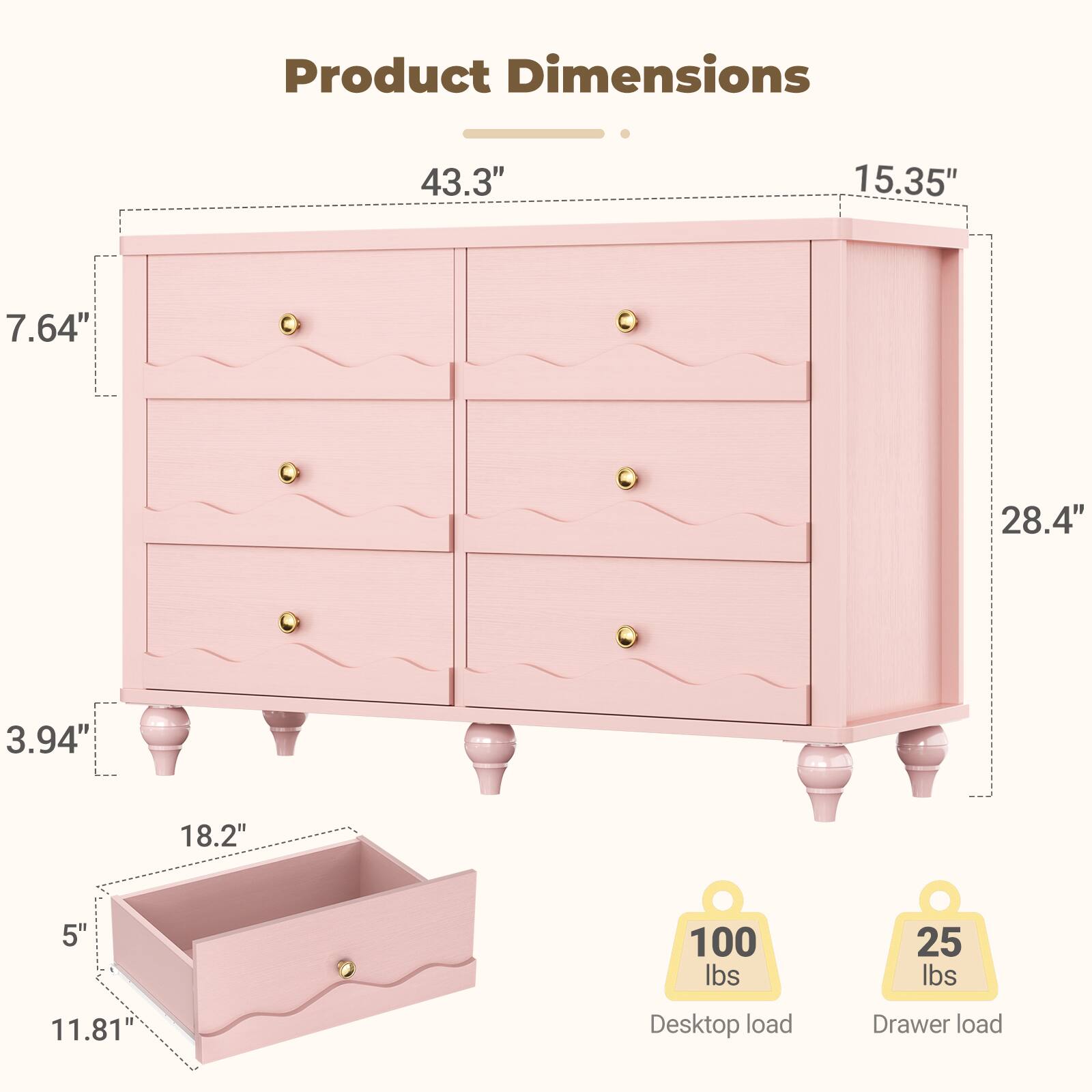 Product Dimensions:  
43.3" x 15.35" x 7.64"  
28.4" x 3.94" x 18.2"  
5" x 11.81"  

Desktop load: 100 lbs  
Drawer load: 25 lbs