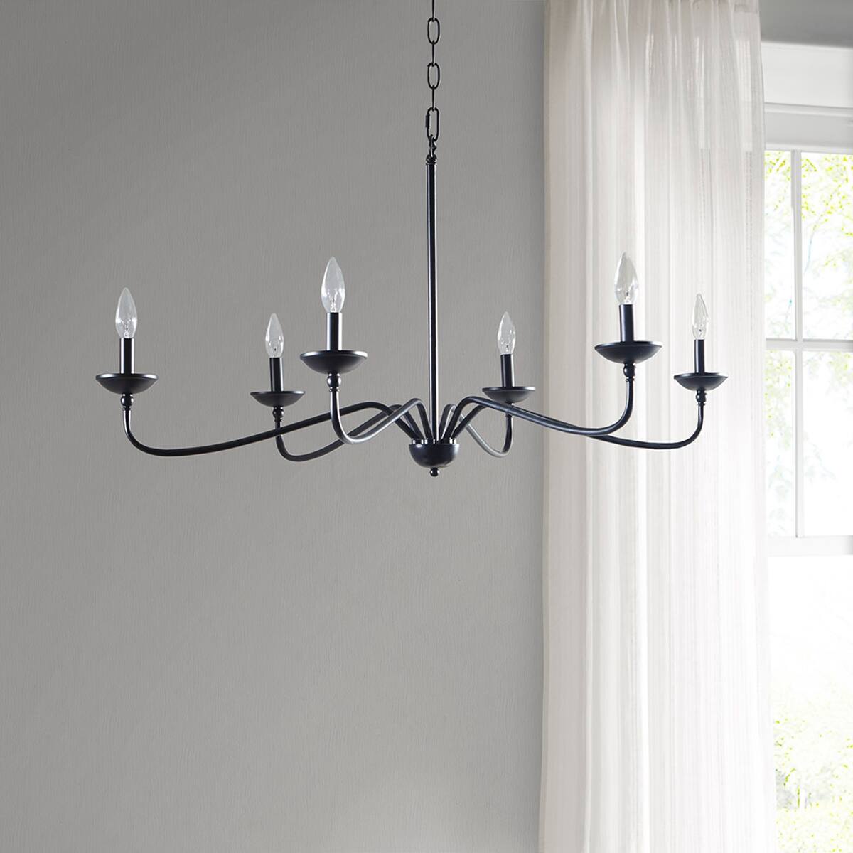 Back. Loheer - Loheer 6 Light Metal Chandelier Matte Black Adjustable Chain Dining Room Ceiling Light.