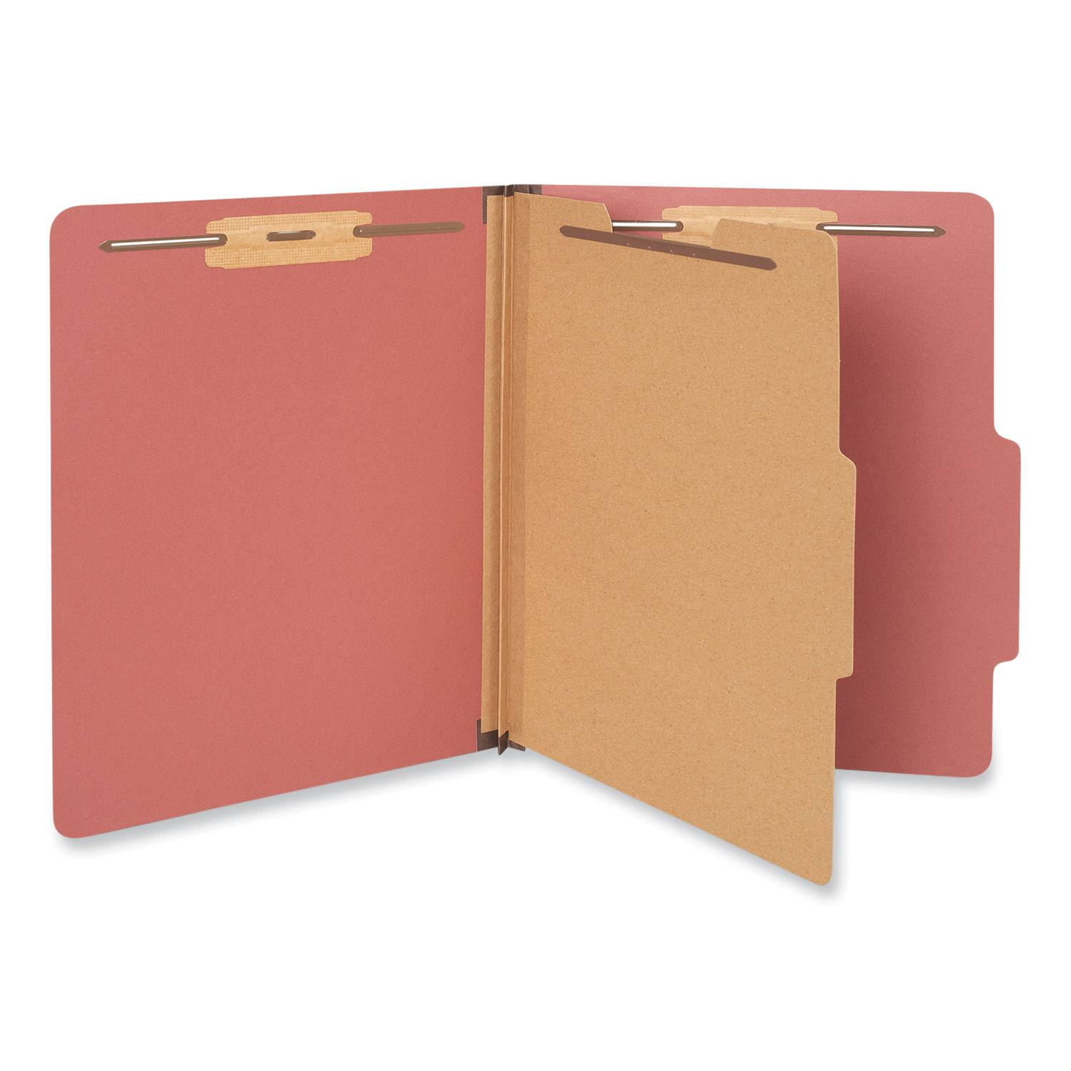 Angle. Universal - Four-Section Pressboard Classification Folders, 2" Expansion, 1 Divider, 4 Fasteners, Letter Size, Red Exterior, 10/Box.