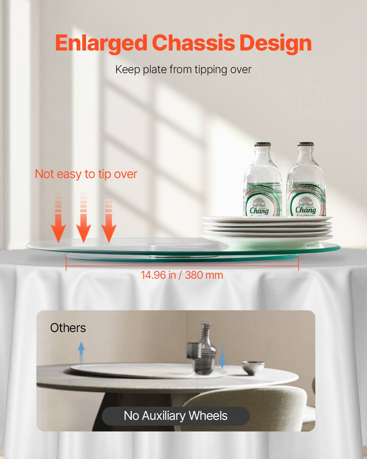 Enlarged Chassis Design  
Keep plate from tipping over  
Not easy to tip over  

14.96 in / 380 mm  

Others  
No Auxiliary Wheels