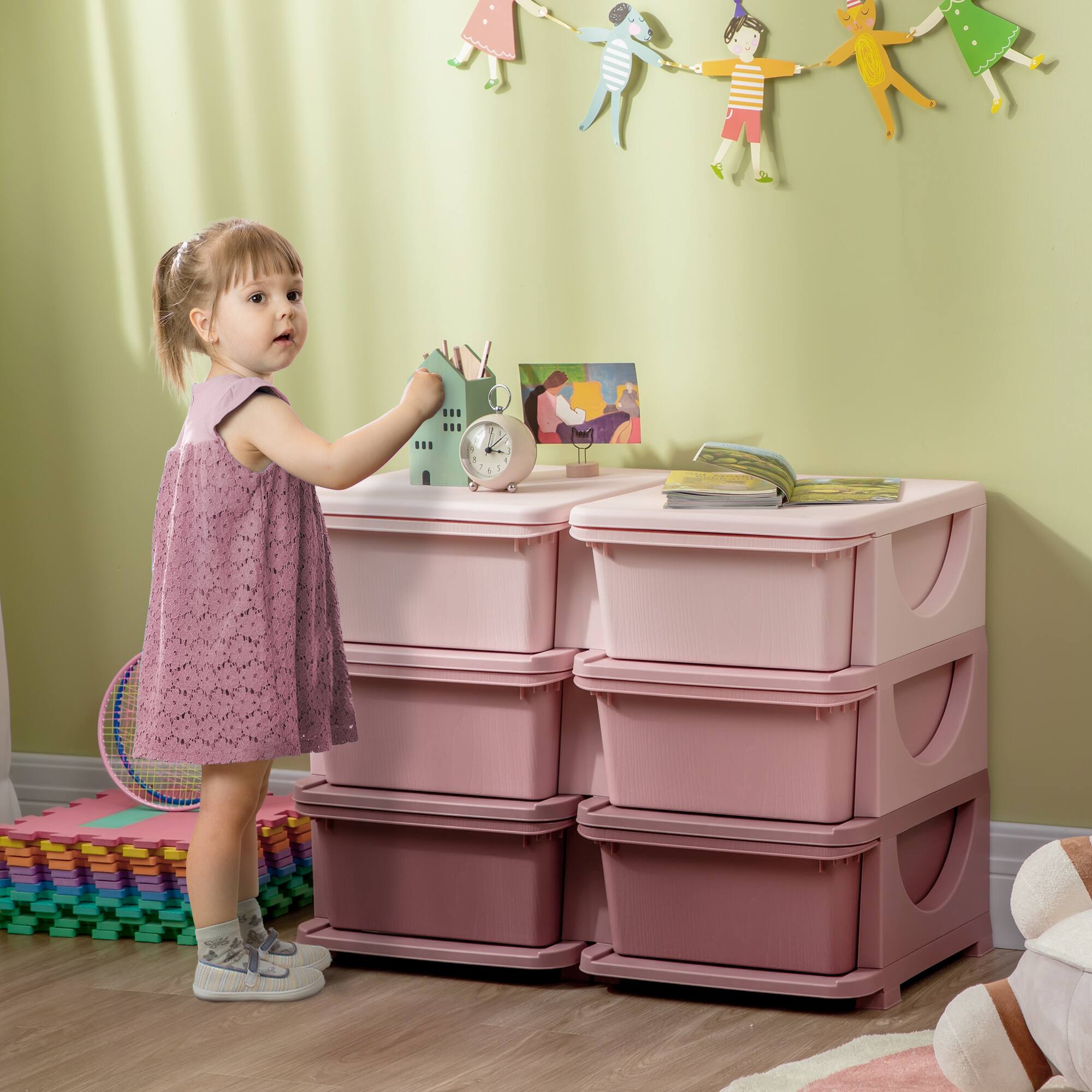 Angle. Qaba - 3 Tier Kids Storage Unit, 6 Drawer Chest Toy Organizer, Plastic Bins, Bedroom, Nursery, Living Room, Toddlers - Pink.