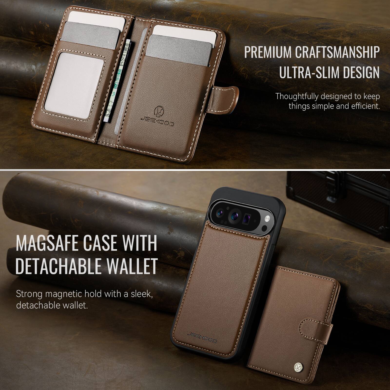 PREMIUM CRAFTSMANSHIP  
ULTRA-SLIM DESIGN  
Thoughtfully designed to keep things simple and efficient.  

MAGSAFE CASE WITH DETACHABLE WALLET  
Strong magnetic hold with a sleek, detachable wallet.