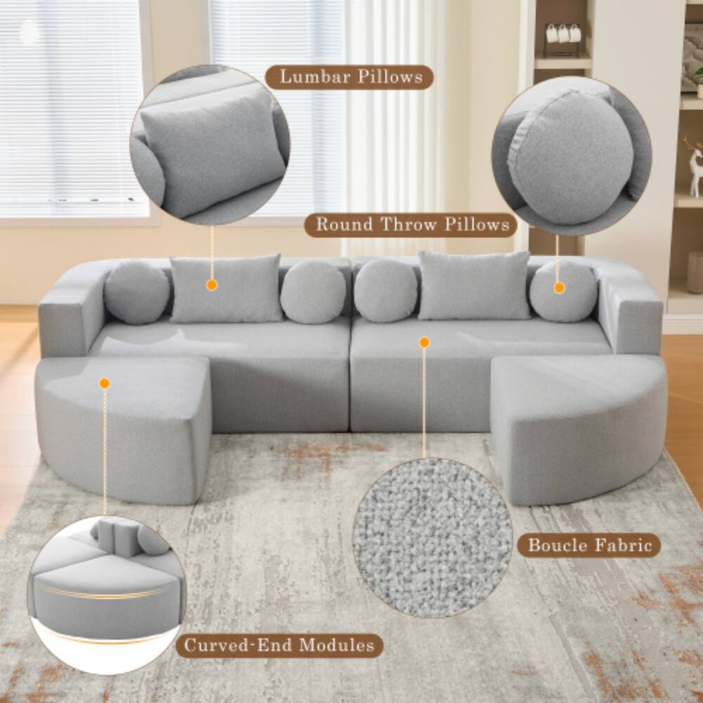 Lumbar Pillows  
Round Throw Pillows  
Boucle Fabric  
Curved-End Modules