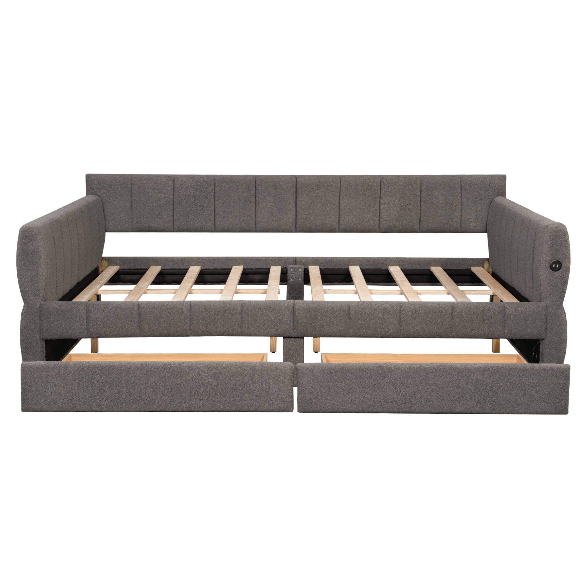 Back. Whisen - Queen Size Upholstered Platform Bed Frame with Built-in USB Ports and 2 Storage Drawers for Bedroom - Gray.