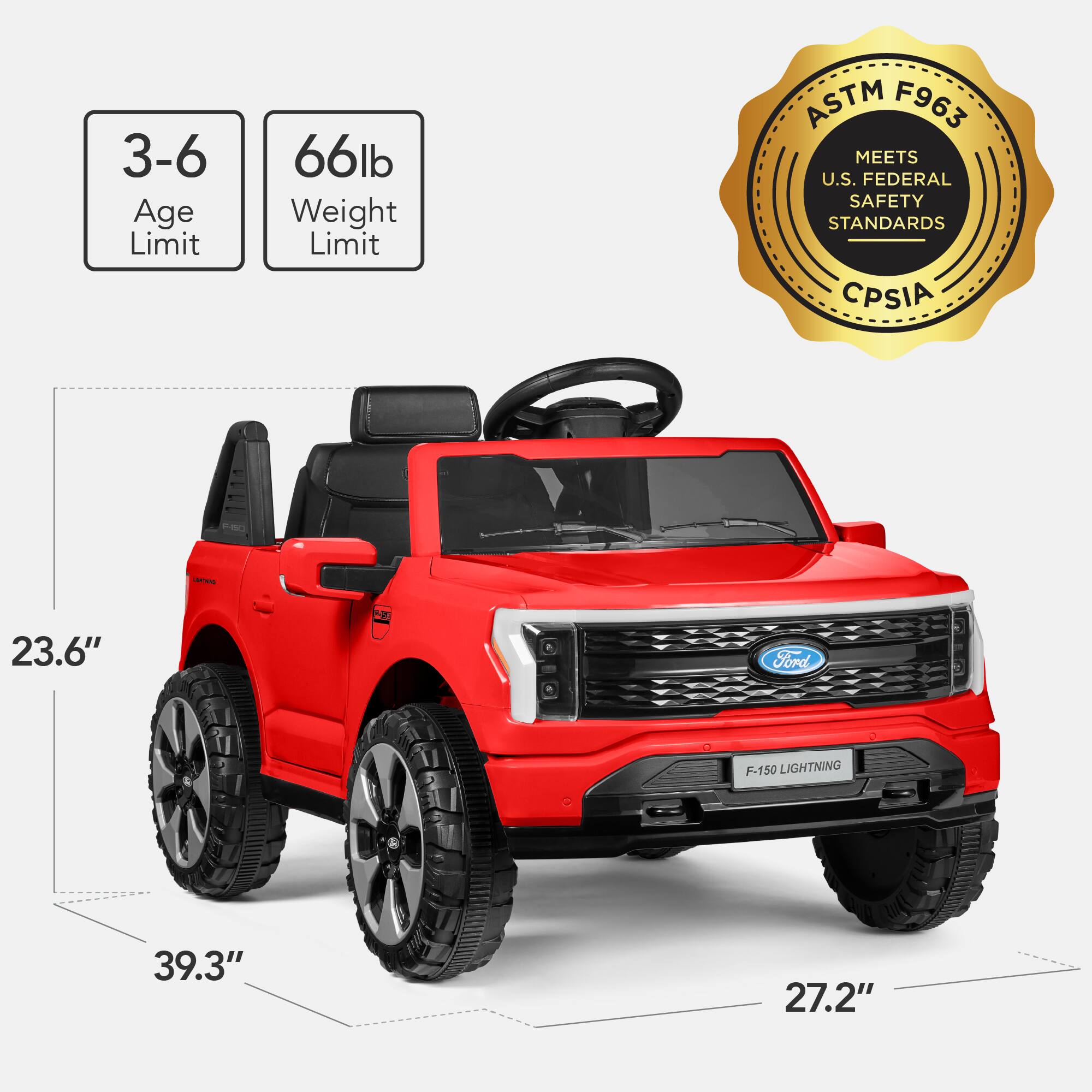 3-6 Age Limit, 66lb Weight Limit, ASTM F963, Meets U.S. Federal Safety Standards, CPSIA, Ford F-150 Lightning, 23.6" (height), 39.3" (length), 27.2" (width).