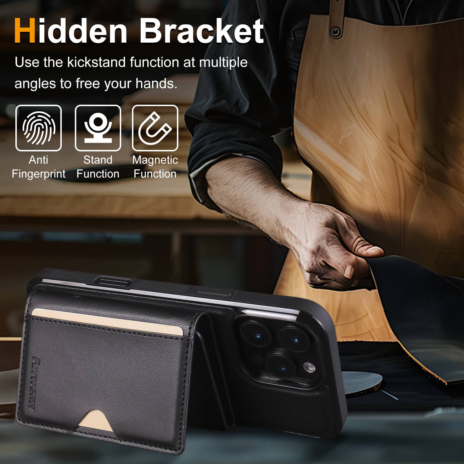 Hidden Bracket  
Use the kickstand function at multiple angles to free your hands.  

Anti Fingerprint Function  
Stand Function  
Magnetic Function
