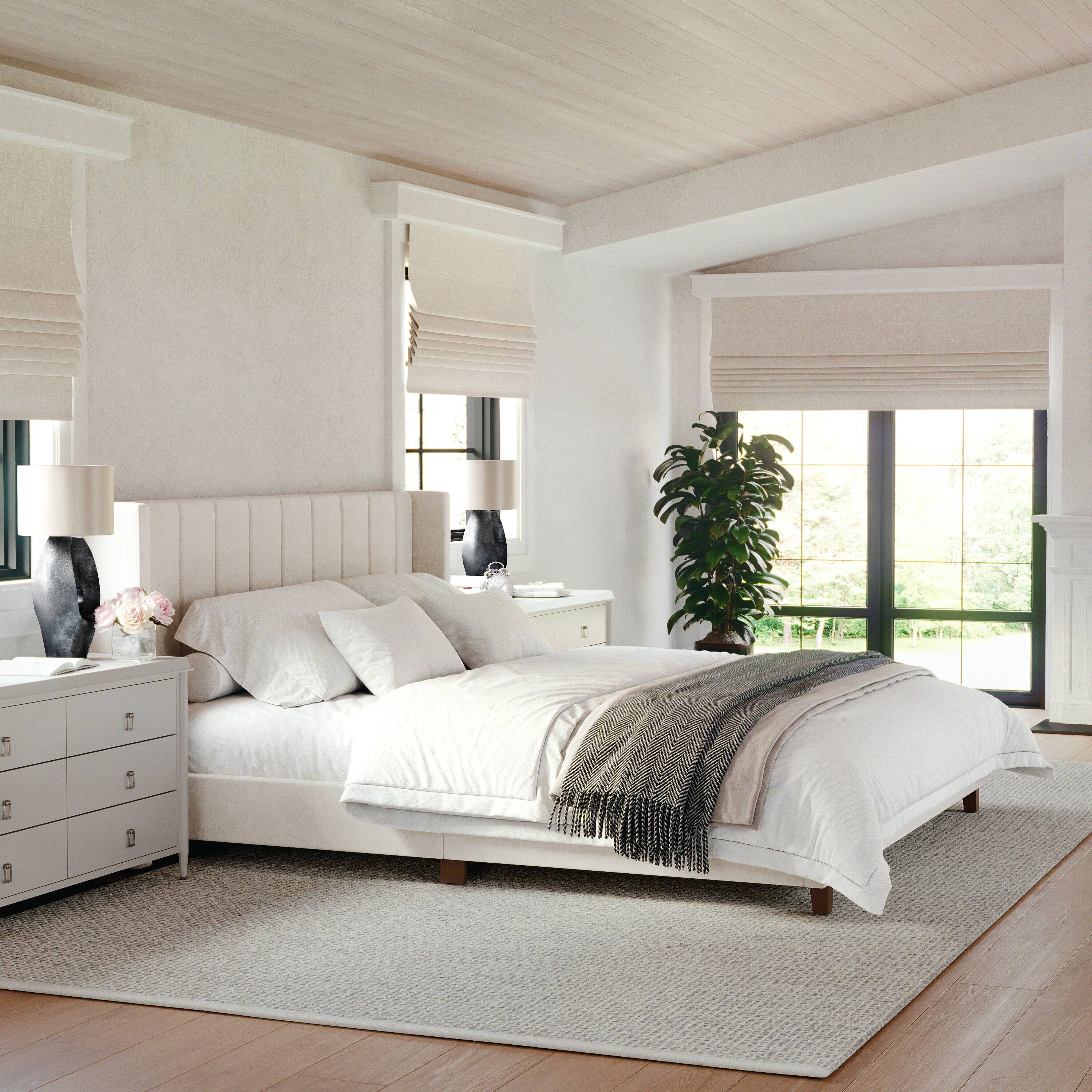 Front. Martha Stewart - Kay Faux Linen King Size Platform Bed with Channel Stitched Headboard - Beige Fabric/Walnut Legs.