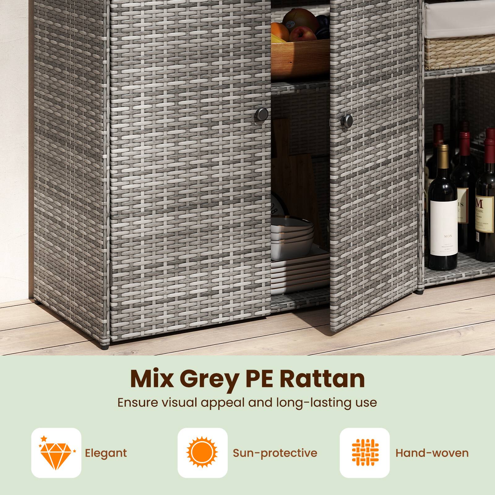 Mix Grey PE Rattan  
Ensure visual appeal and long-lasting use  
Elegant  
Sun-protective  
Hand-woven