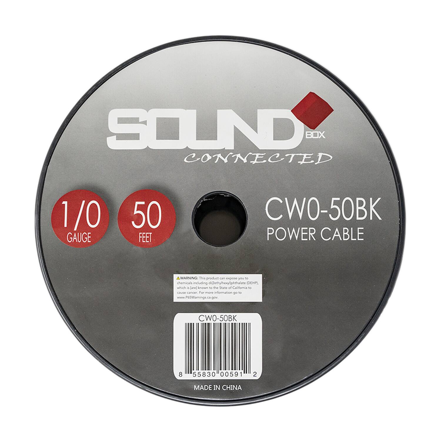 SOUND BOX CONNECTED  
1/0 GAUGE 50 FEET  
CW0-50BK POWER CABLE  

WARNING: This product can expose you to chemicals including di(2-ethylhexyl)phthalate (DEHP), which is known to the State of California to cause cancer. For more information go to www.P65Warnings.ca.gov  

CW0-50BK  
8 55830 00591 2  
MADE IN CHINA