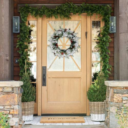 Alt View 4. Winado - 2 PCS 18in Pre-lit Snow Flocked Christmas Wreath with Lights for Holiday In/Outdoor Decoration - Snowy Green.