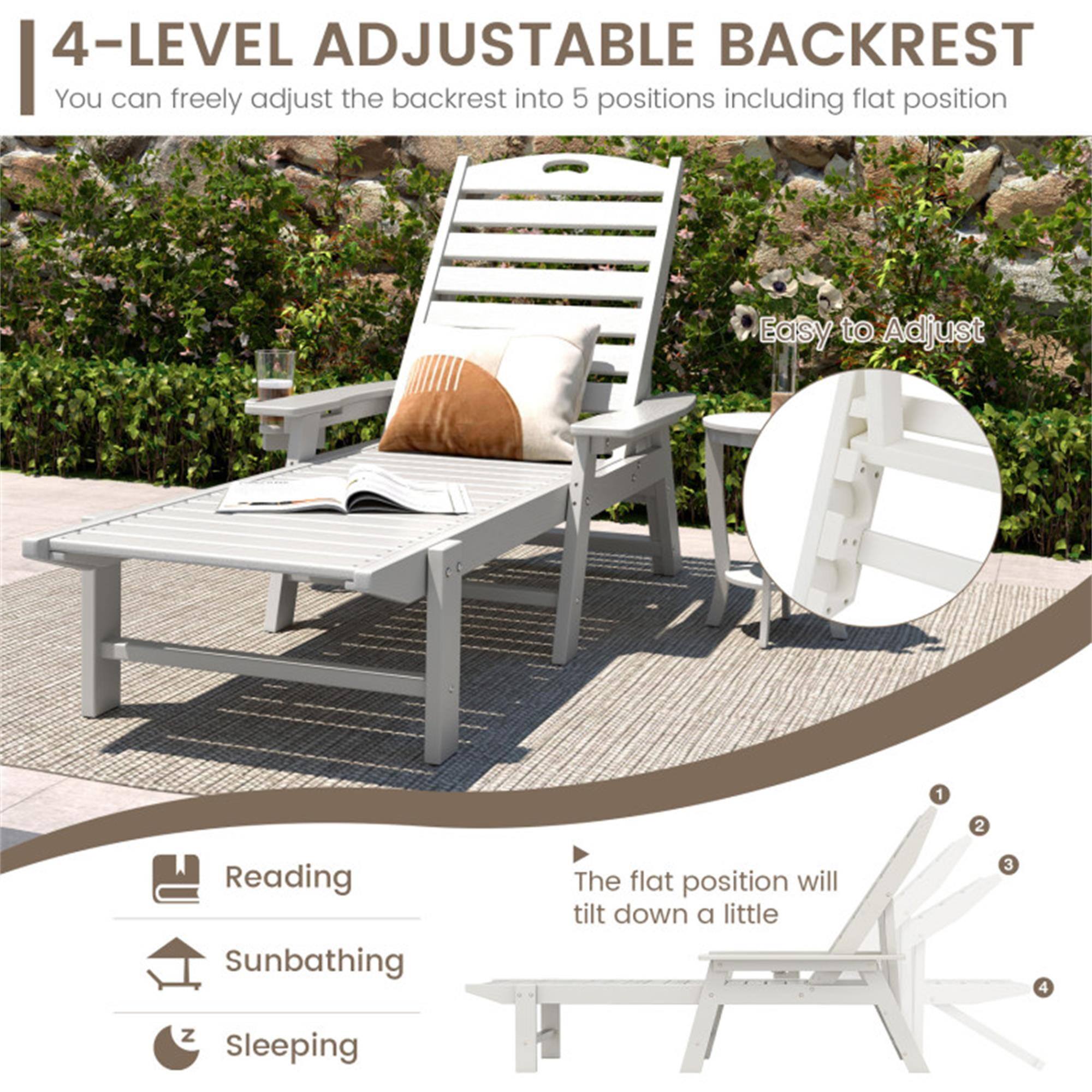 4-LEVEL ADJUSTABLE BACKREST  
You can freely adjust the backrest into 5 positions including flat position  

Easy to Adjust  

Reading  
Sunbathing  
Sleeping  

The flat position will tilt down a little