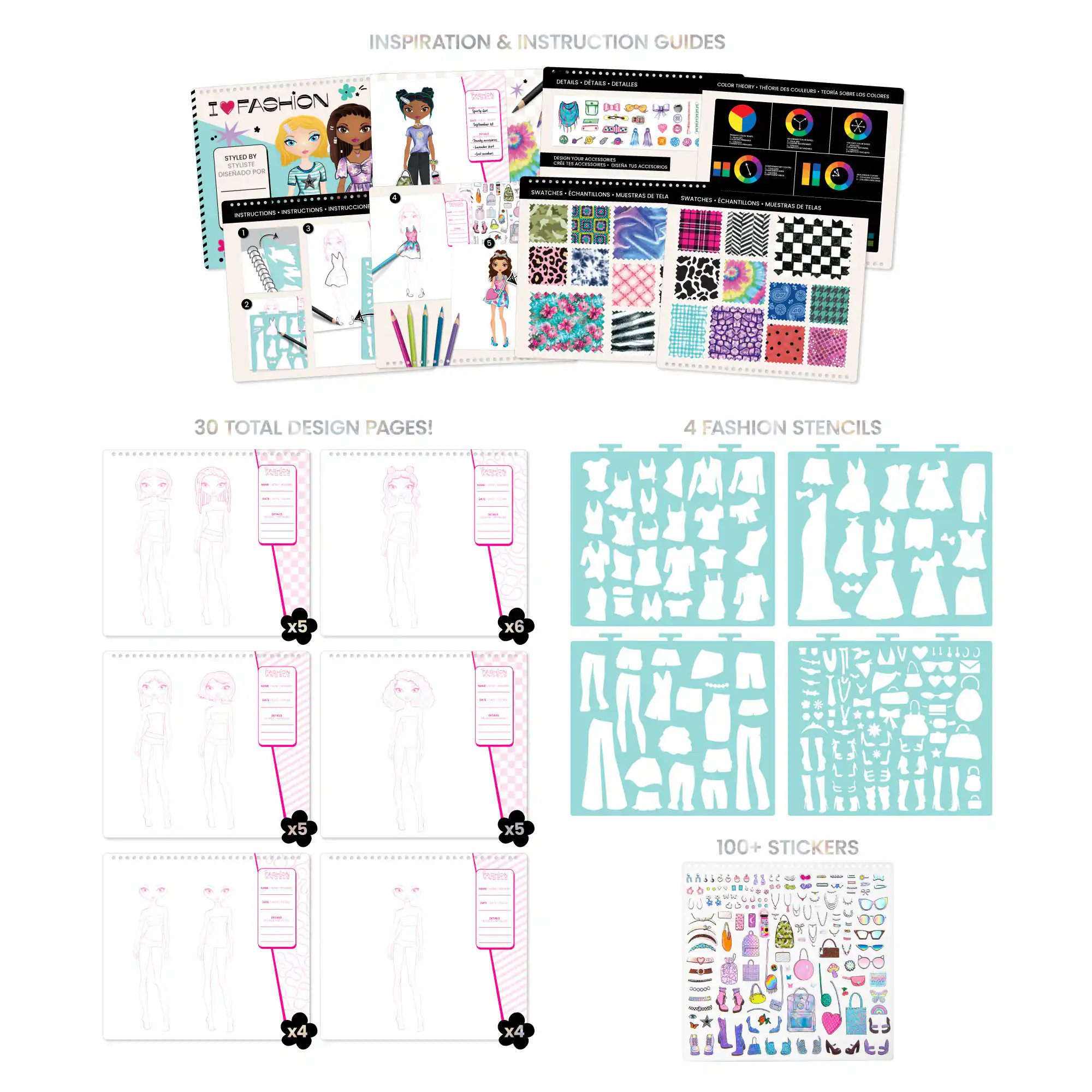 Inspiration & Instruction Guides: 30 Total Design Pages! 4 Fashion Stencils, 100+ Stickers, 2 x 4 x 4, 1 x 5 x 5, 1 x 5 x 6.