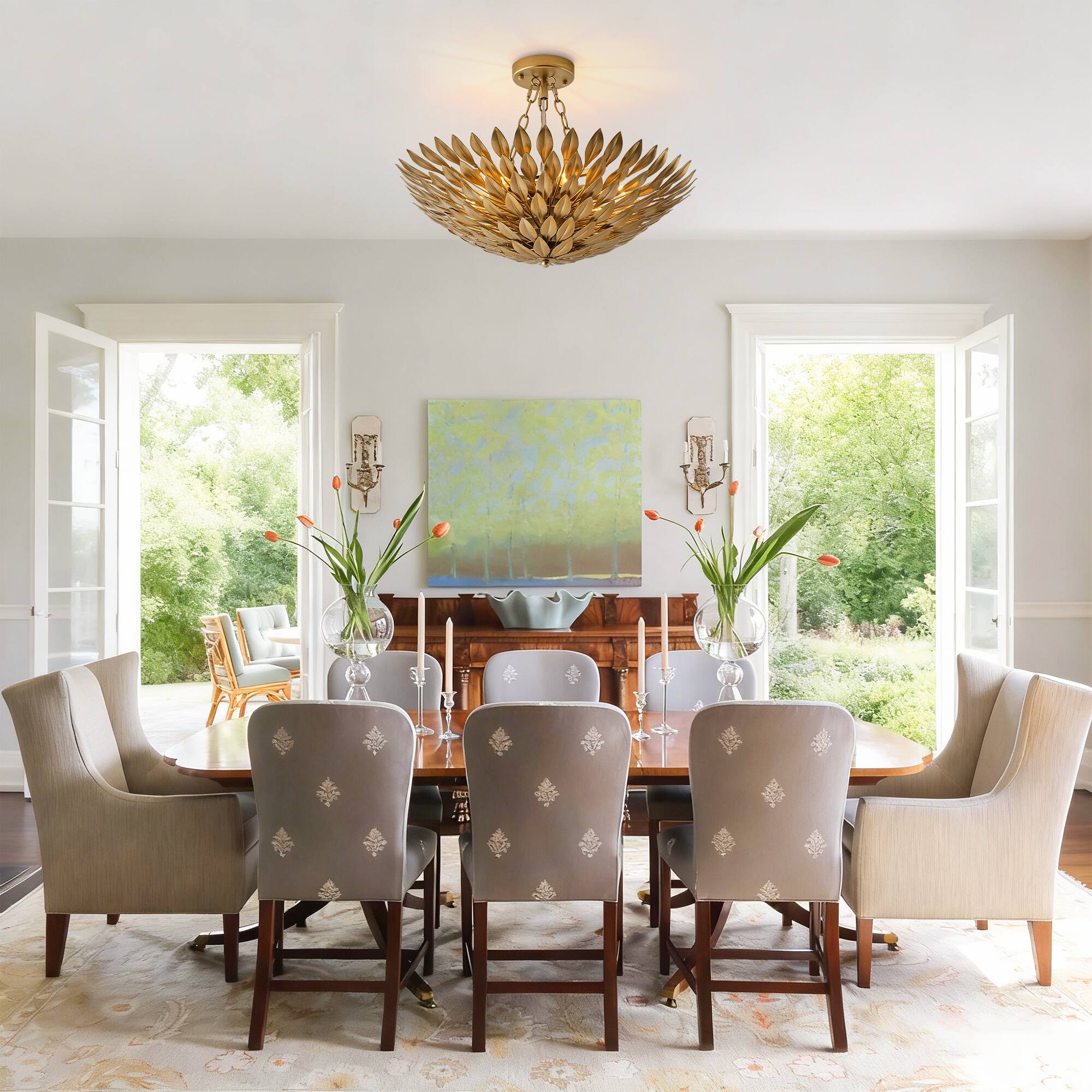 Back. Parrot Uncle - Antique Gold 6-Light Olive Leaf Convertible Chandelier Light - Antique Gold.