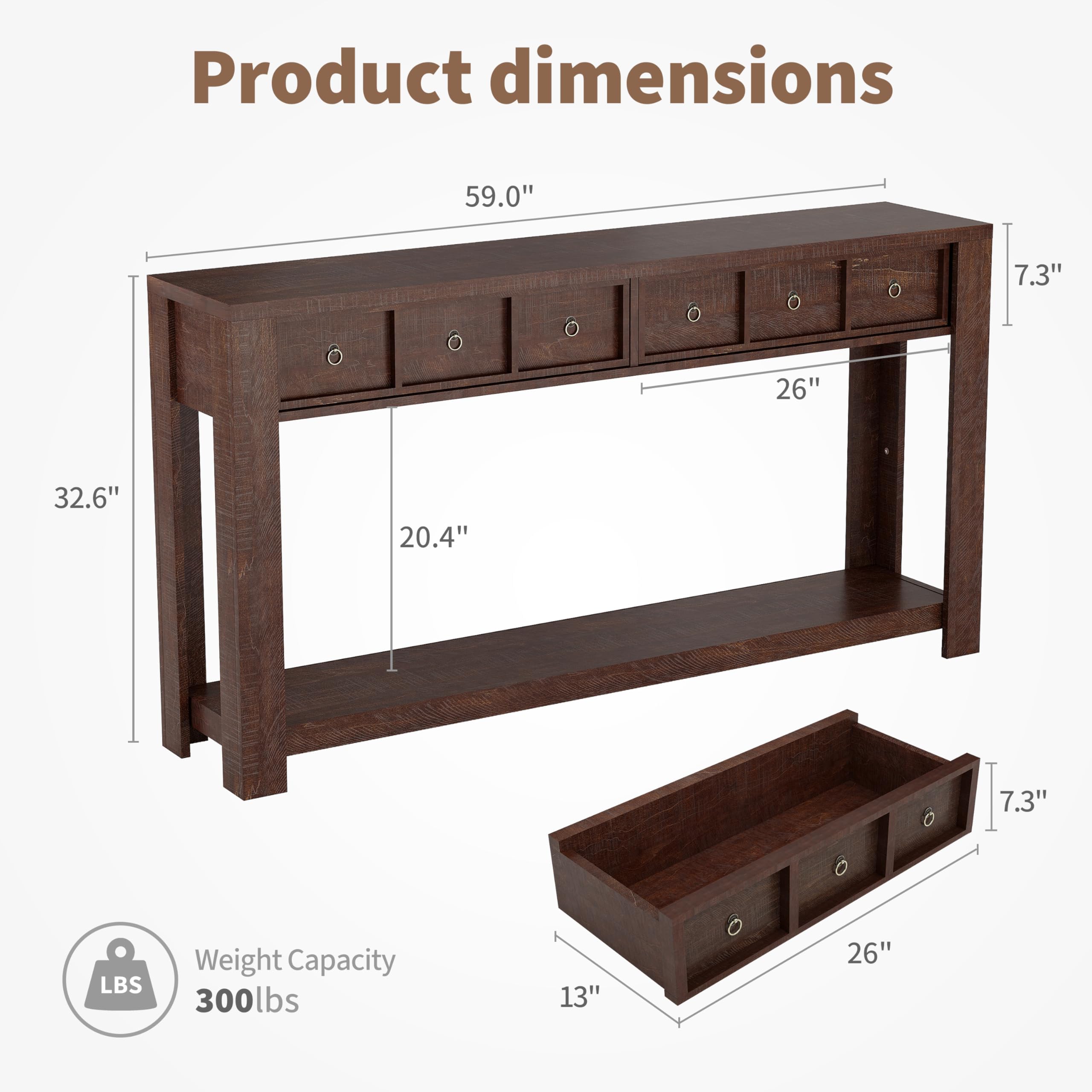 Product dimensions: 59.0" x 7.3" x 26" x 32.6" x 20.4" x 7.3"  
Weight Capacity: 300 lbs  
Dimensions: 13" x 26"