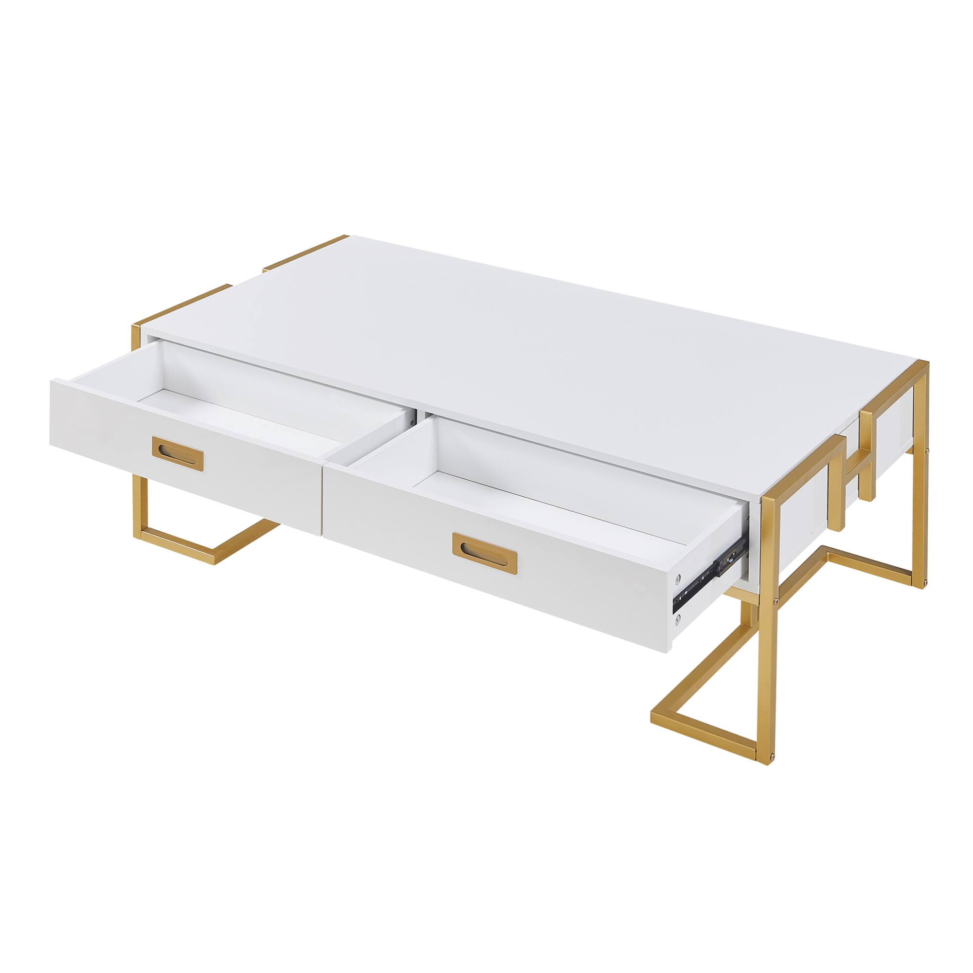 Alt View 6. GOODSILO - Modern Rectangular Coffee Table with Drawers and Metallic Base - White+Gold.