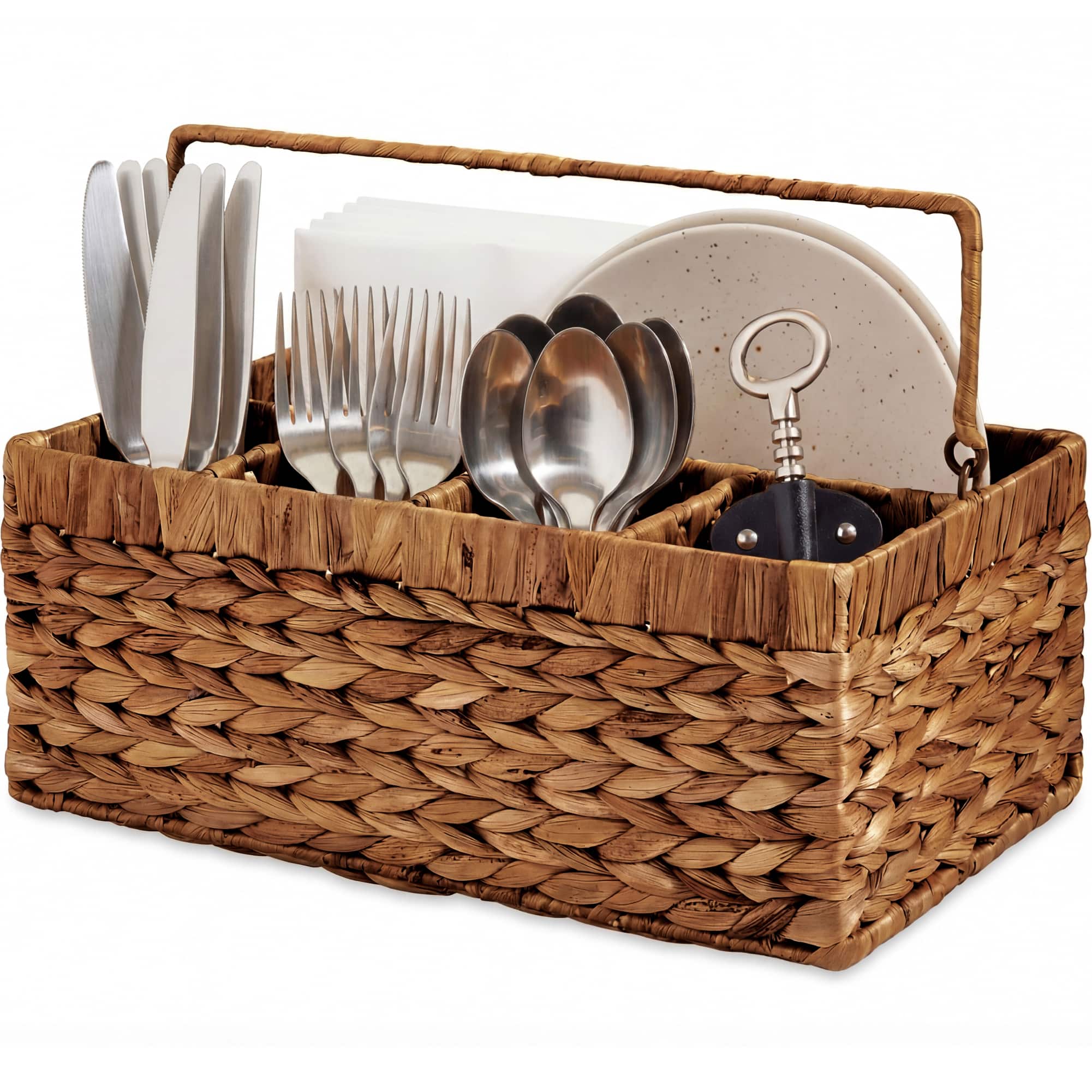 Best Choice Products - Utensil Caddy w/Handle - 5 Compartments, Wicker Utensil Silverware Flatware Organizer - Chestnut