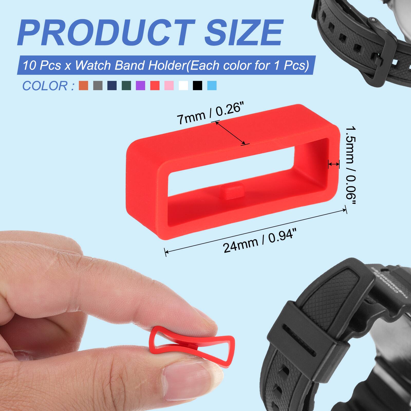 PRODUCT SIZE  
10 Pcs x Watch Band Holder (Each color for 1 Pcs)  
COLOR:  
- 7mm / 0.26"  
- 24mm / 0.94"  
- 1.5mm / 0.06"