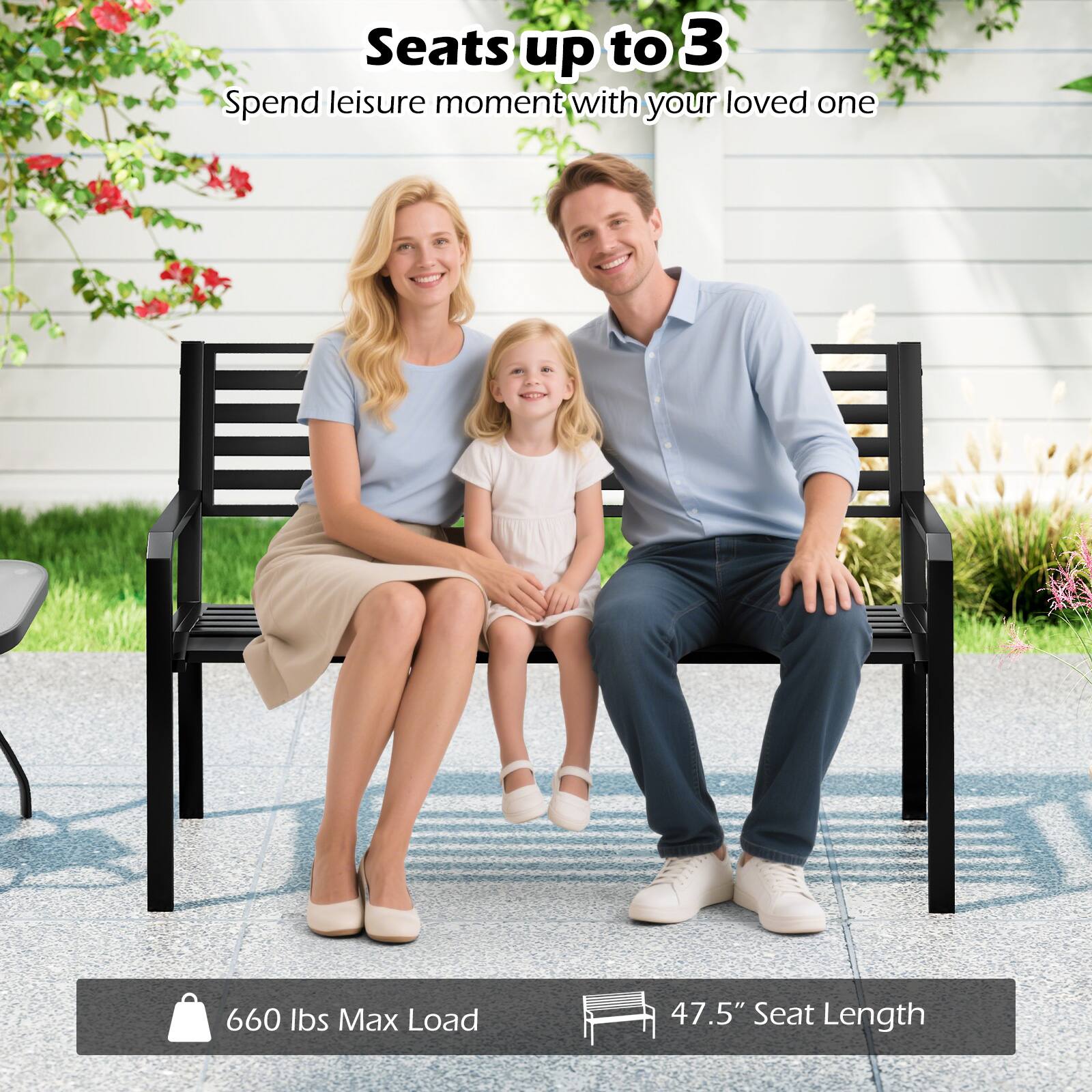 Seats up to 3  
Spend leisure moments with your loved one  

660 lbs Max Load  
47.5" Seat Length