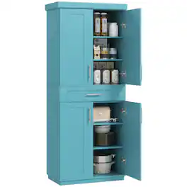 Homcom - 72" Kitchen Pantry Cabinet, Freestanding Tall Storage Cabinet with 4 Doors, Drawer and 3 Adjustable Shelves - Blue