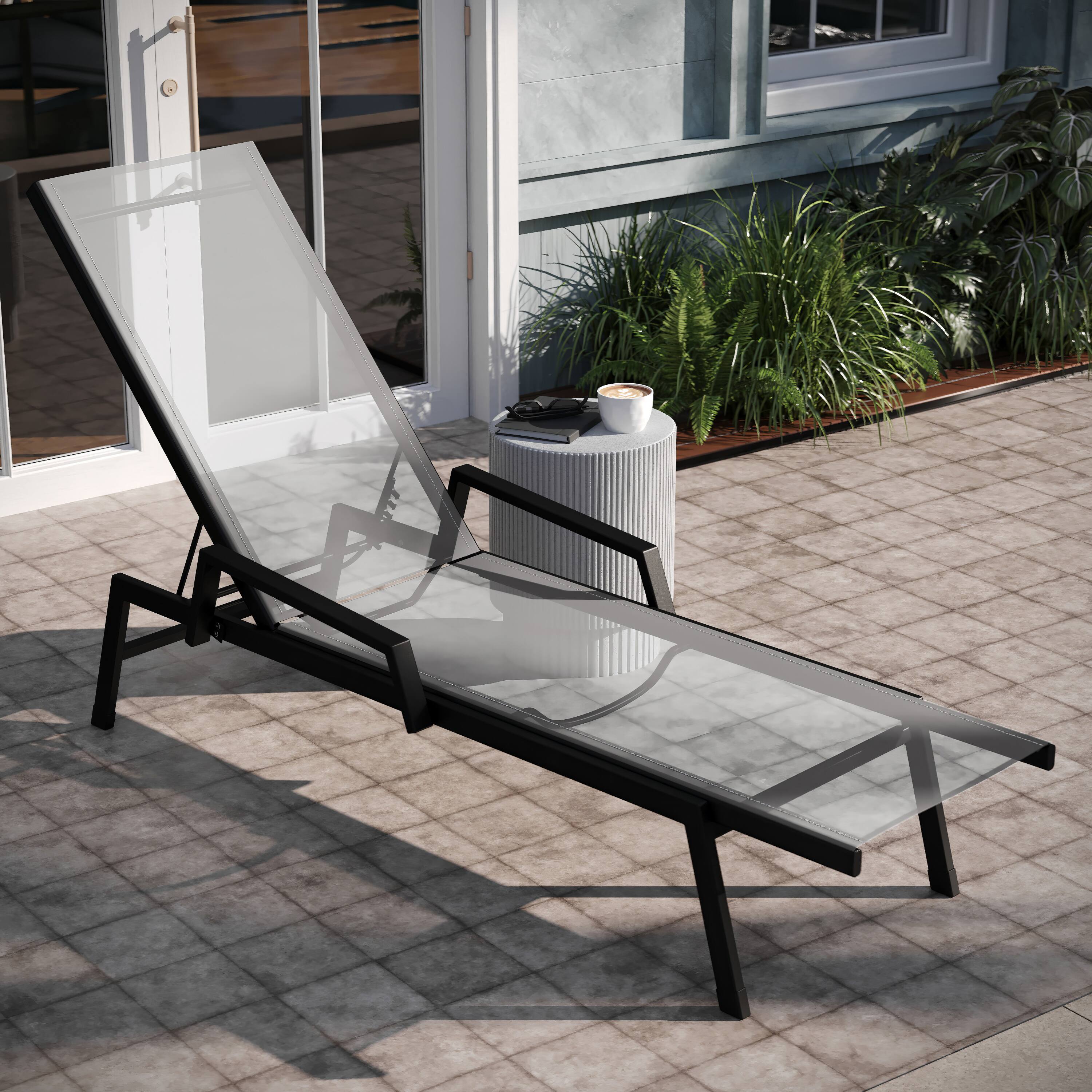 Alt View 4. Emma + Oliver - Braelin Set of 2 Textilene Adjustable 5 Position Patio Chaise Lounge with Armrests and Metal Frame - Gray.