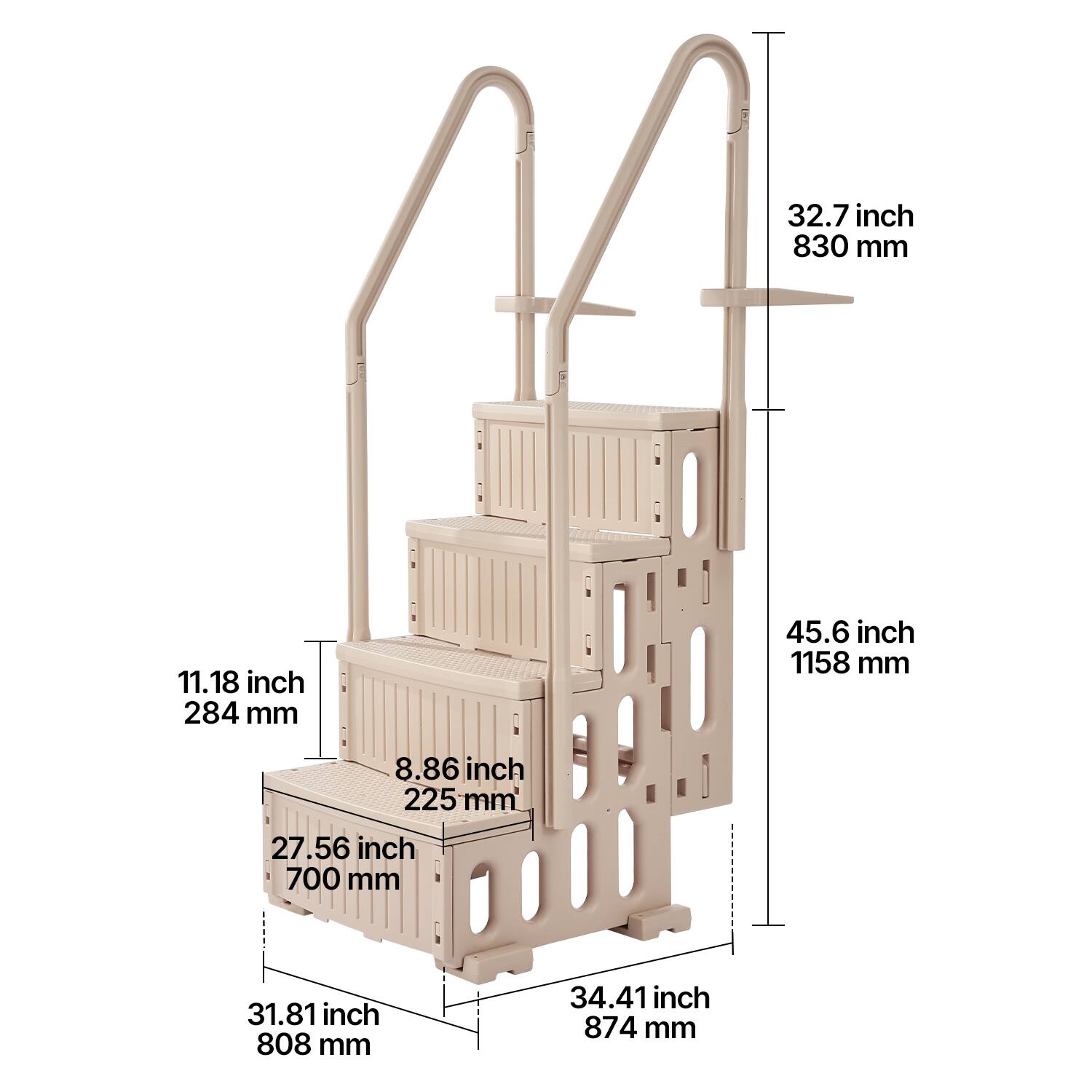 - 32.7 inch / 830 mm
- 45.6 inch / 1158 mm
- 11.18 inch / 284 mm
- 8.86 inch / 225 mm
- 27.56 inch / 700 mm
- 31.81 inch / 808 mm
- 34.41 inch / 874 mm
