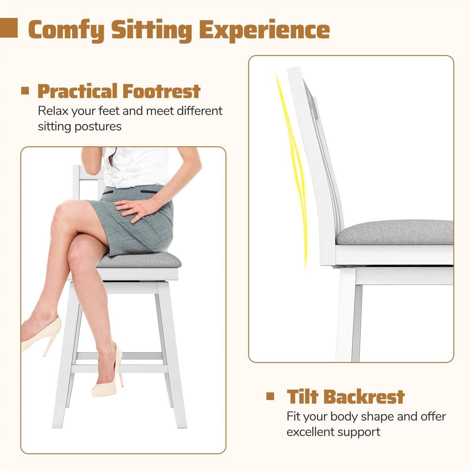 Comfy Sitting Experience

- Practical Footrest  
  Relax your feet and meet different sitting postures

- Tilt Backrest  
  Fit your body shape and offer excellent support