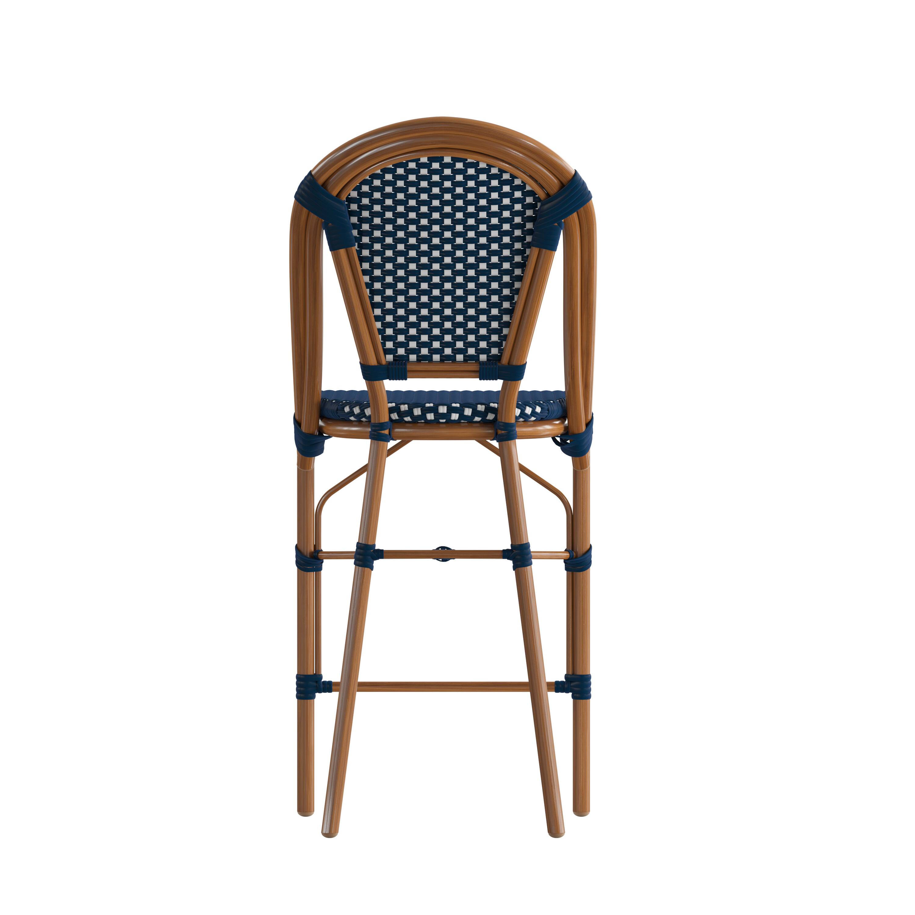 Back. Flash Furniture - Bordeaux Stackable Indoor/Outdoor Bistro 26" High Counter Height Stool, Commercial Grade, Navy/White and Bamboo Finish - Blue.