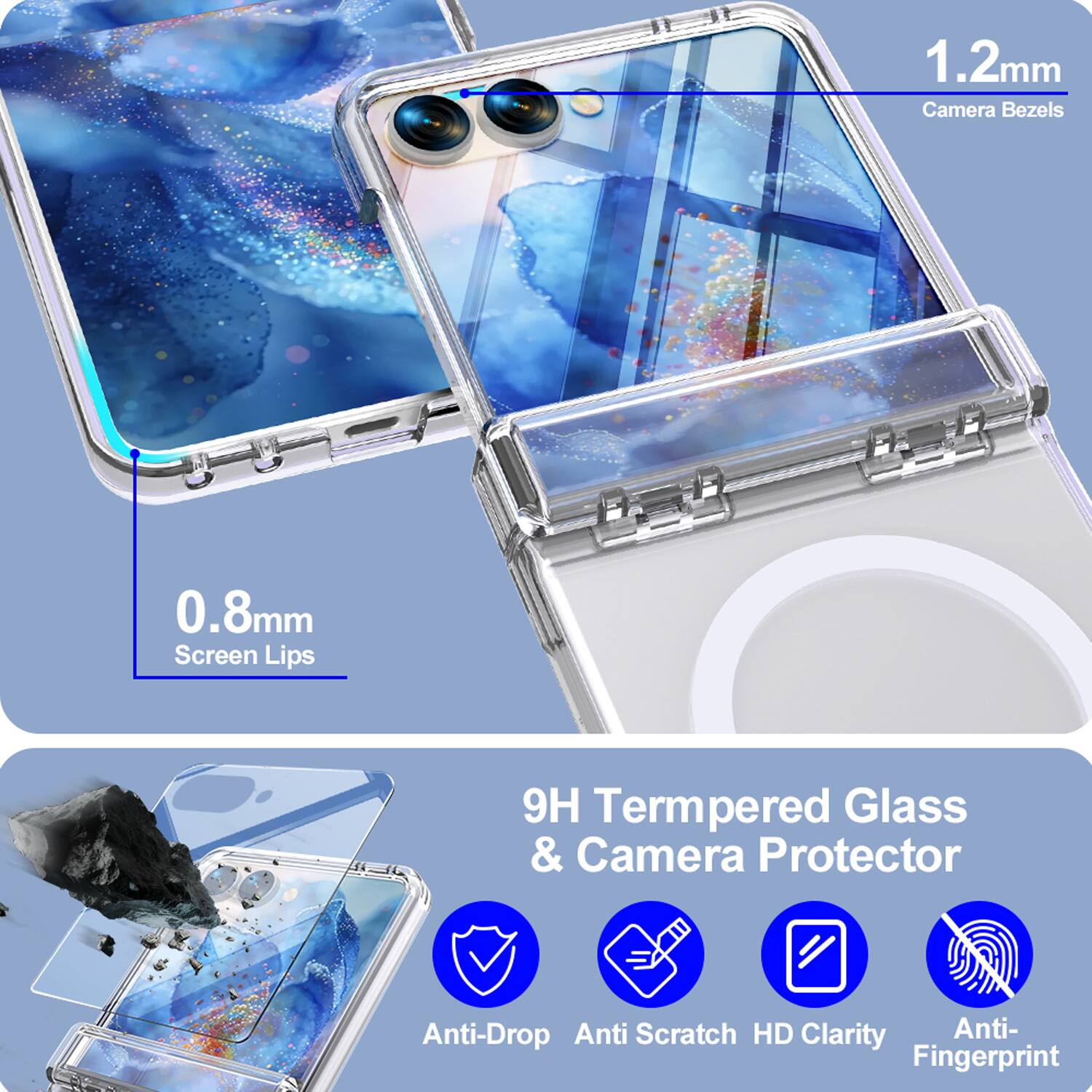 1.2mm Camera Bezels  
0.8mm Screen Lips  
9H Tempered Glass & Camera Protector  
Anti-Drop  
Anti-Scratch  
HD Clarity  
Anti-Fingerprint