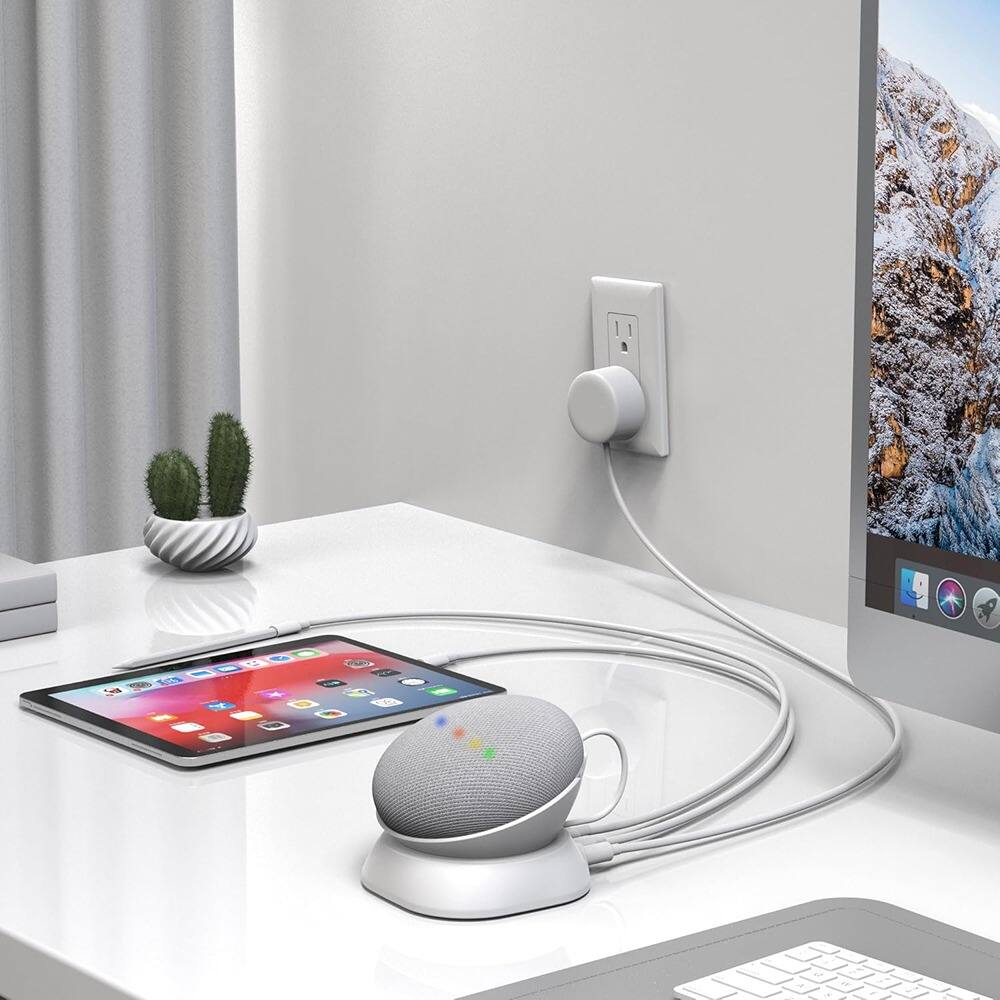 Front. RTMB - Charging Stand for Nest Mini and Phones, Versatile Design, White.