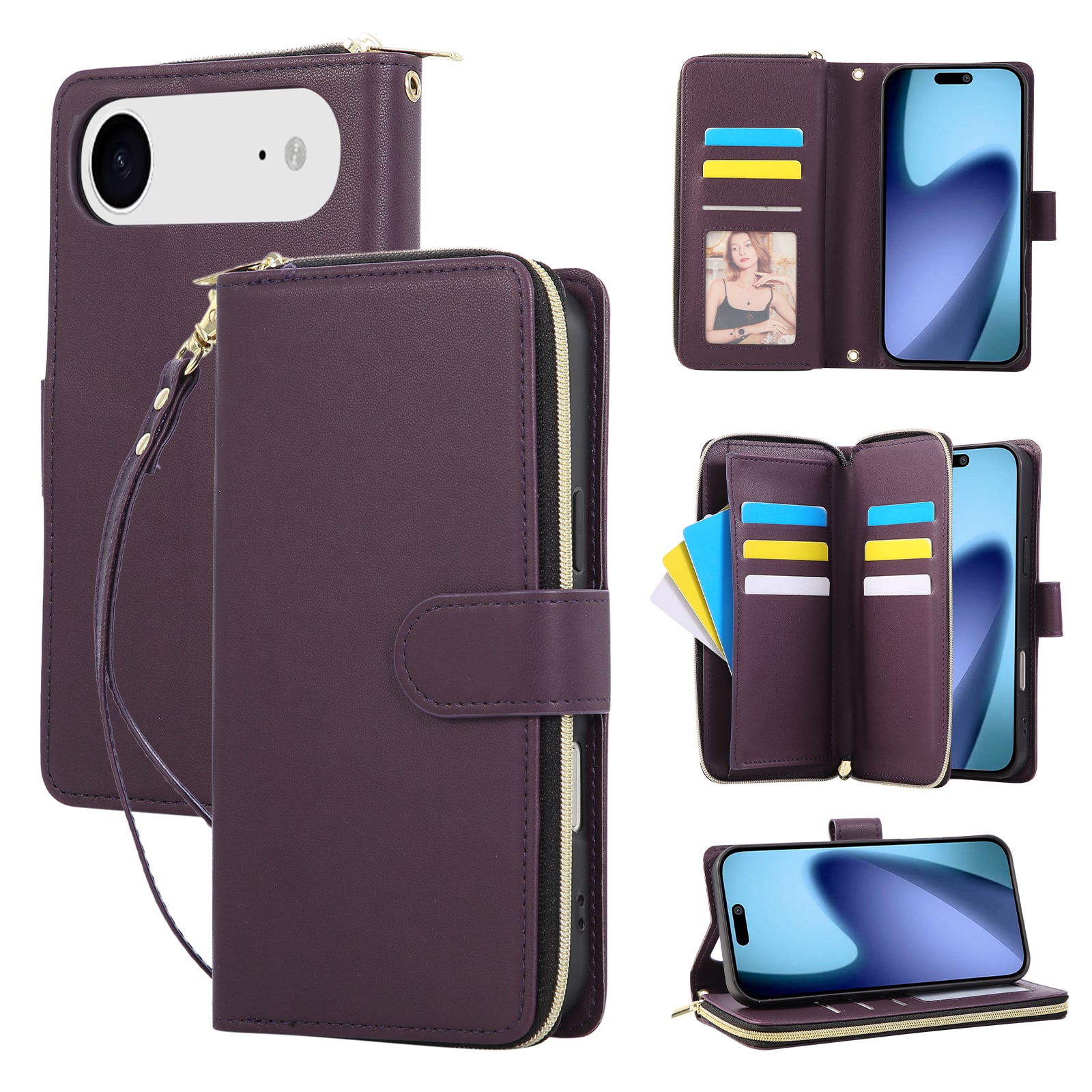 Dteck - Crossbody Wallet Case for Apple iPhone Air, Shockproof Zipper Pocket PU Leather Folio Cover with 9 Card Slots - Darkpurple