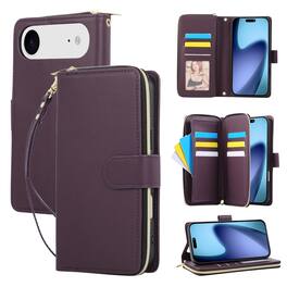 Dteck - Crossbody Wallet Case for Apple iPhone Air, Shockproof Zipper Pocket PU Leather Folio Cover with 9 Card Slots - Darkpurple