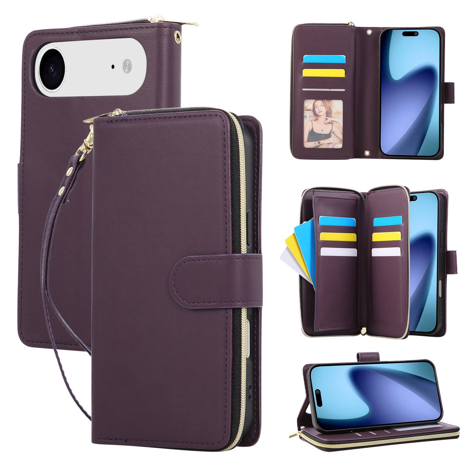 Front. Dteck - Crossbody Wallet Case for Apple iPhone Air, Shockproof Zipper Pocket PU Leather Folio Cover with 9 Card Slots - Darkpurple.