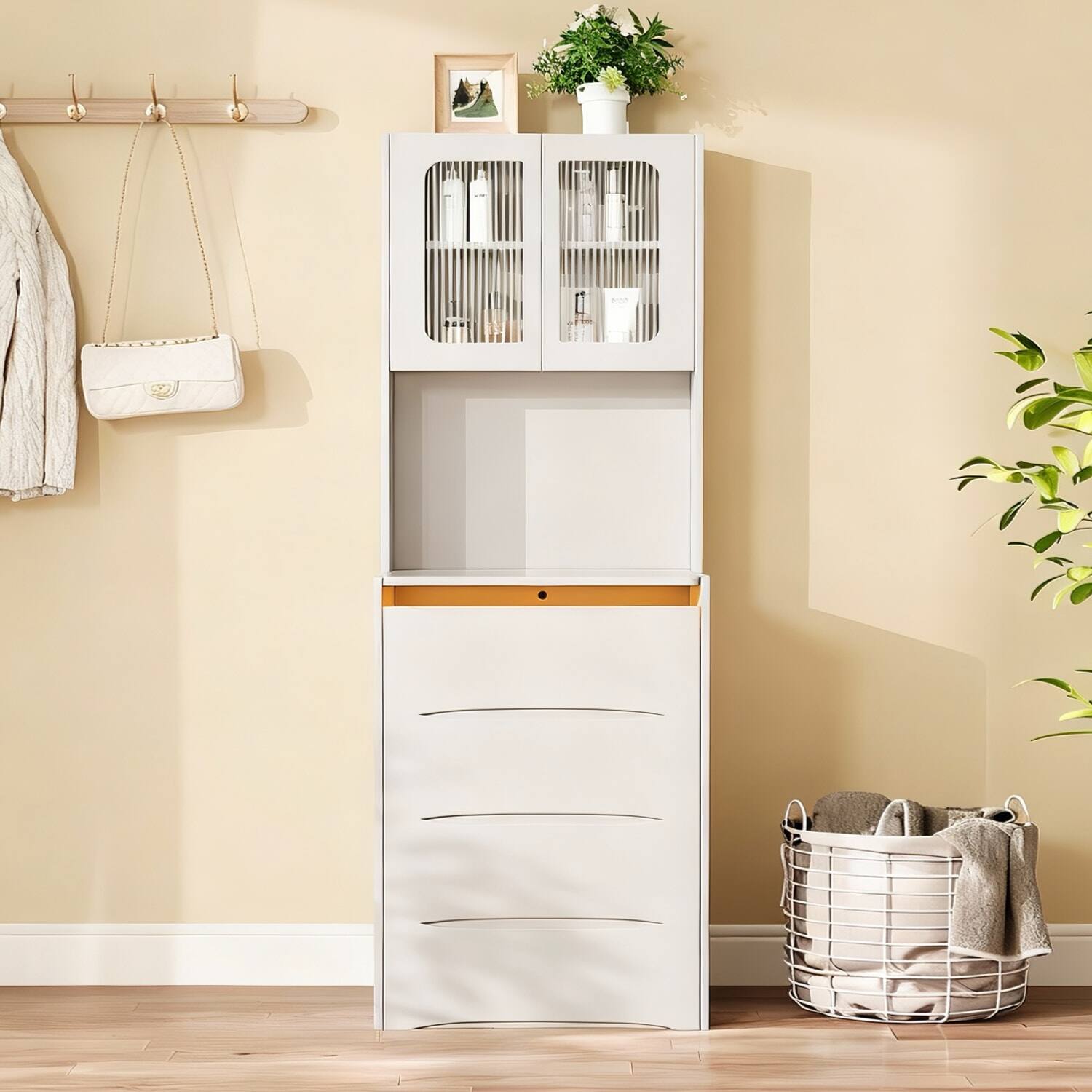 Left. Lirago - White Dresser Table Desk with LED Mirror Wood Dressing Table Storage Stool 15.35”D x 18.89”W x 62.99”H - White.