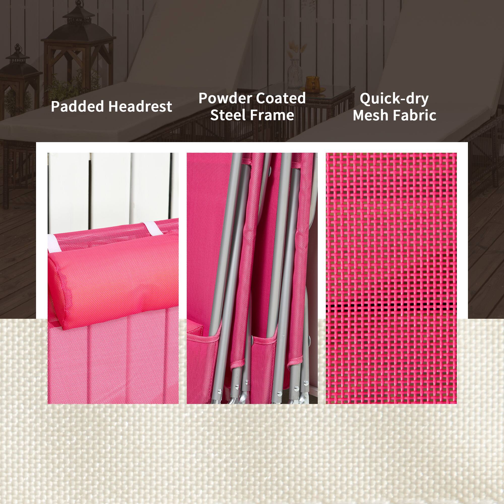 - Padded Headrest
- Powder Coated Steel Frame
- Quick-dry Mesh Fabric