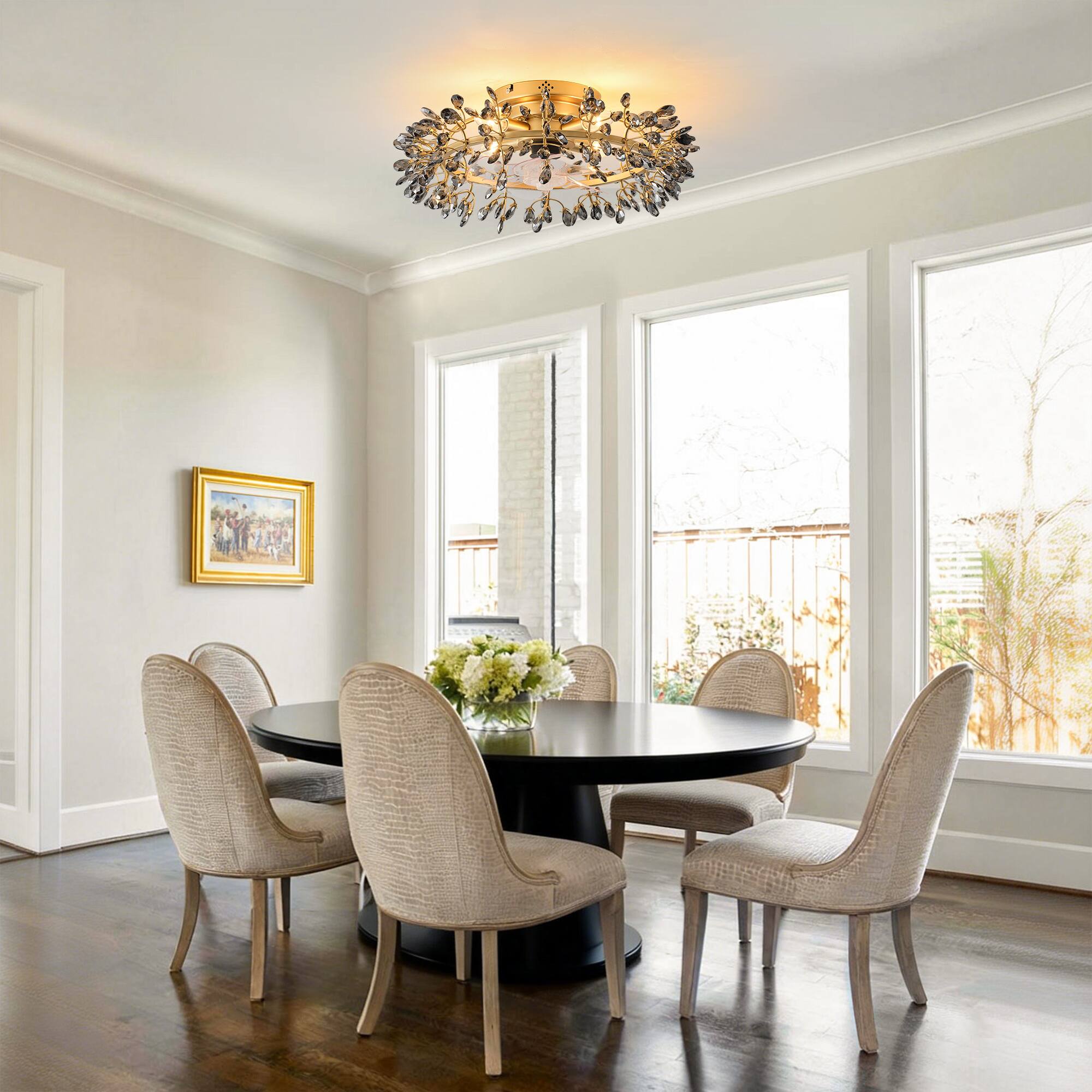 Left. Parrot Uncle - Modern American Black Crystal Flush Mount Chandelier Ceiling Fan with Remote and Retractable Blades - Gold.