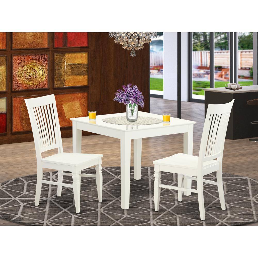 Back. East West Furniture - 3 Pc square Kitchen Table and 2 hard wood Chairs for Dining room in Linen White - Linen White.
