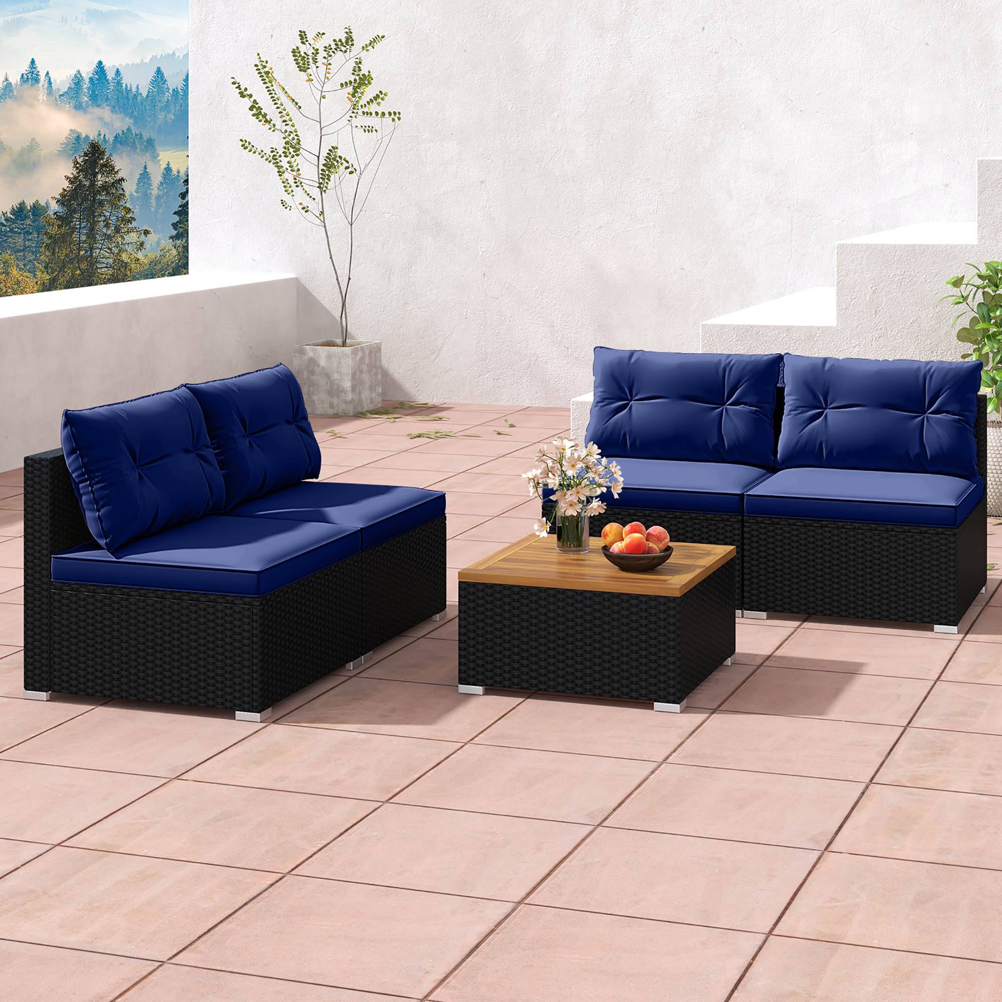Alt View 3. Gymax - Gymax 5 Piece Outdoor Furniture Set w/ Seat & Back Cushions Acacia Wood Tabletop Navy - Navy.