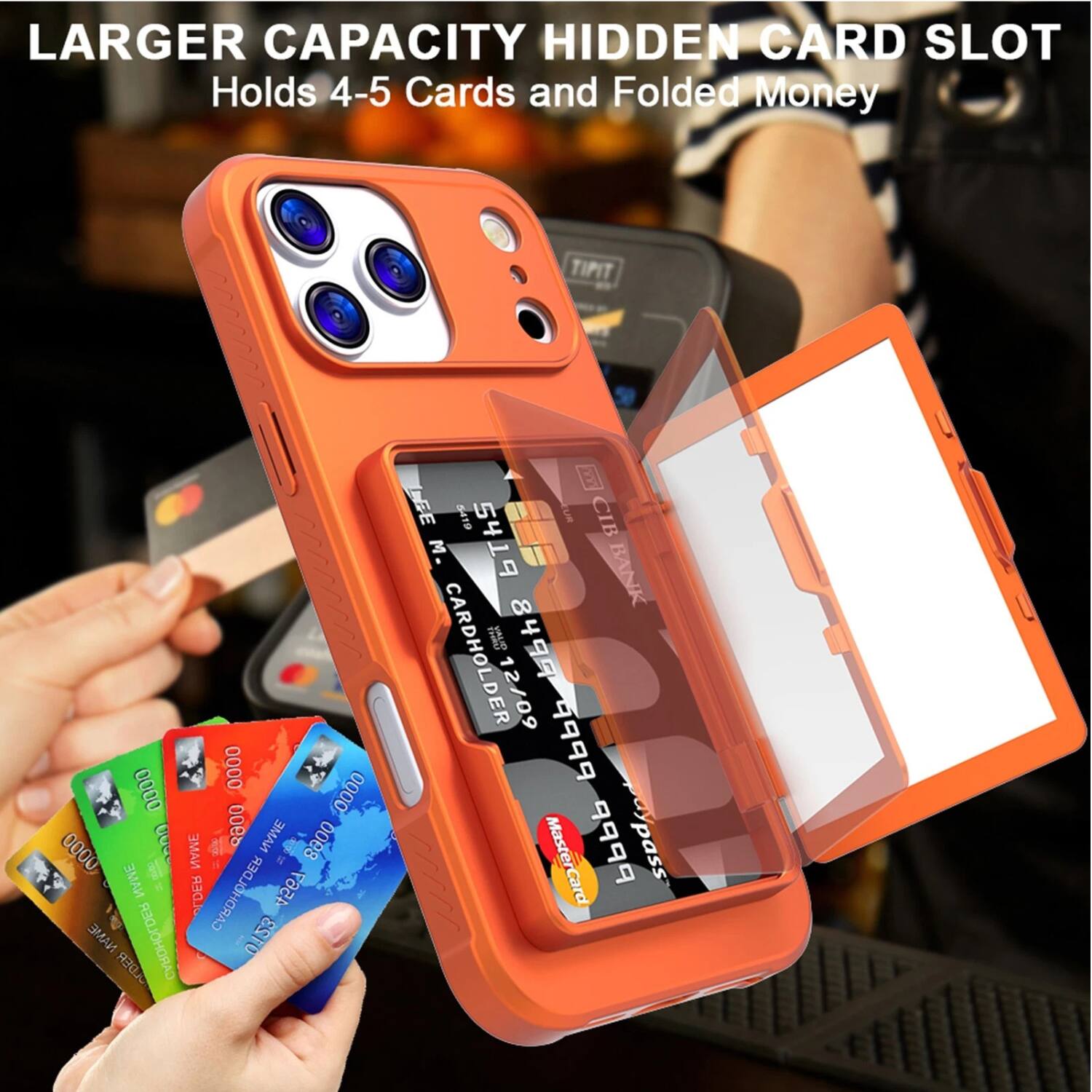 LARGER CAPACITY HIDDEN CARD SLOT  
Holds 4-5 Cards and Folded Money