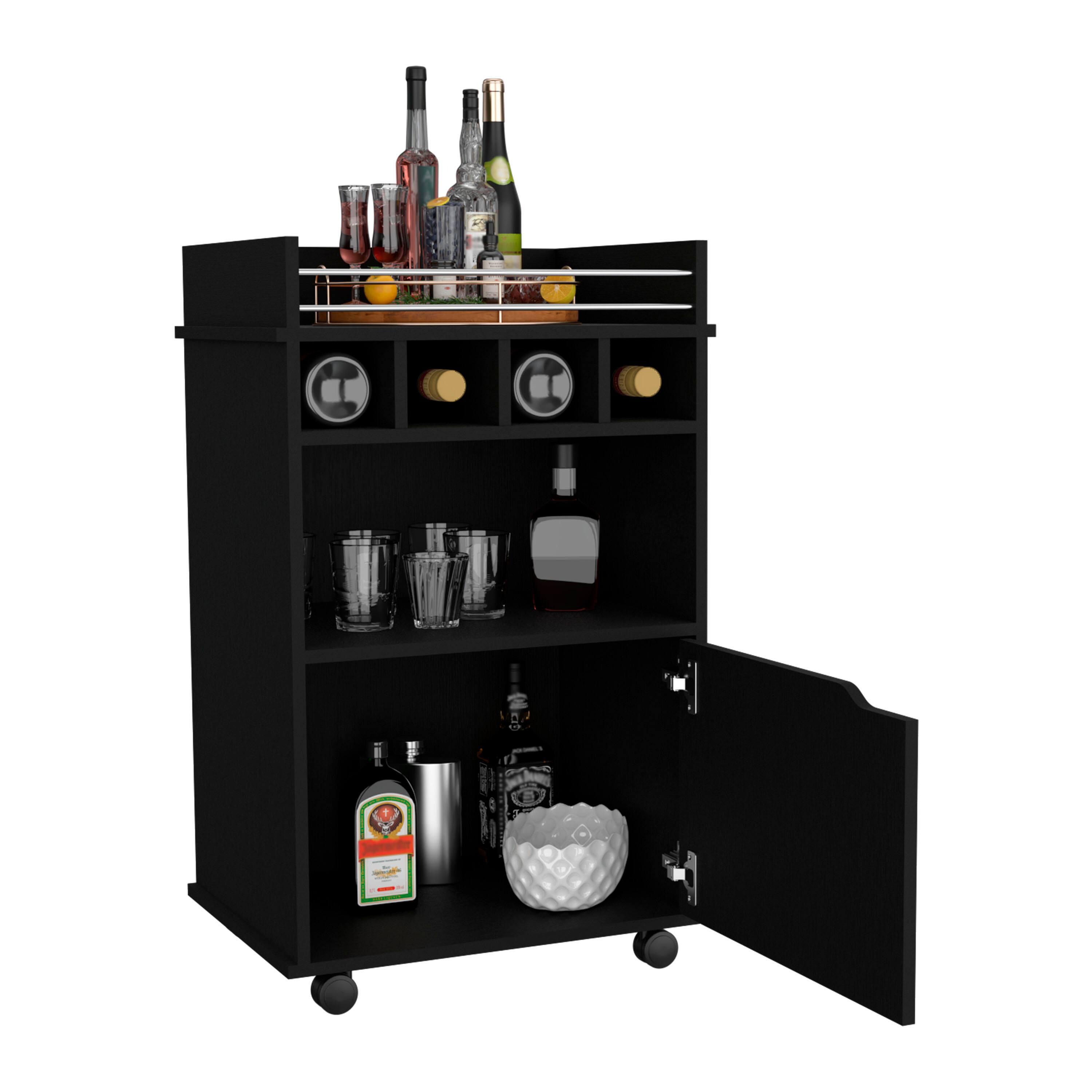 Alt View 2. TuHome - Phoenix Bar Cart with 2 Open Shelves, 4 Wine Cubbies, One Cabinet, Bar Room. - Black.
