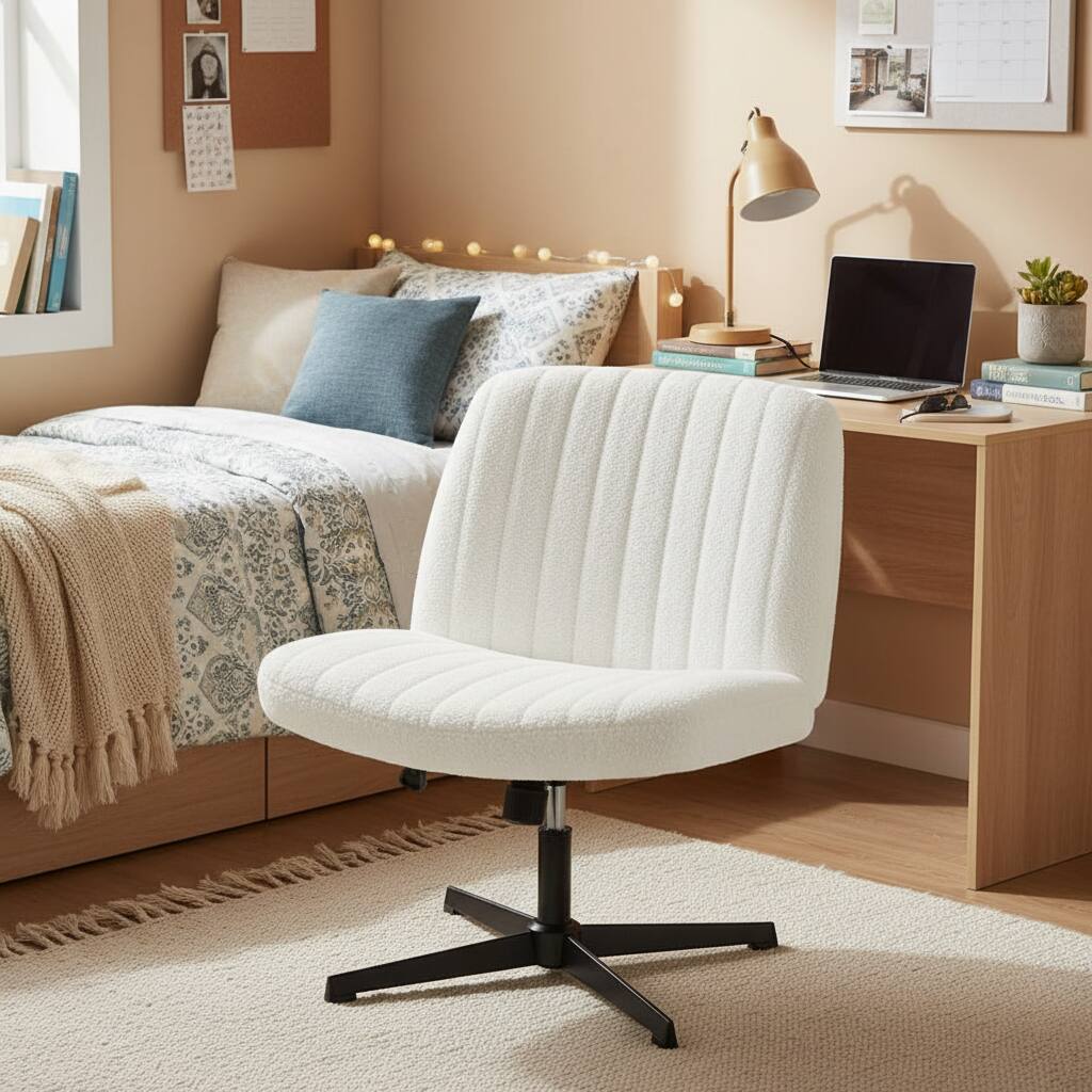 Angle. AOITUN - Cross Legged Office Chair Armless Wide Desk Chair with Dual-Purpose Base Adjustable Swivel Fabric - Beige.