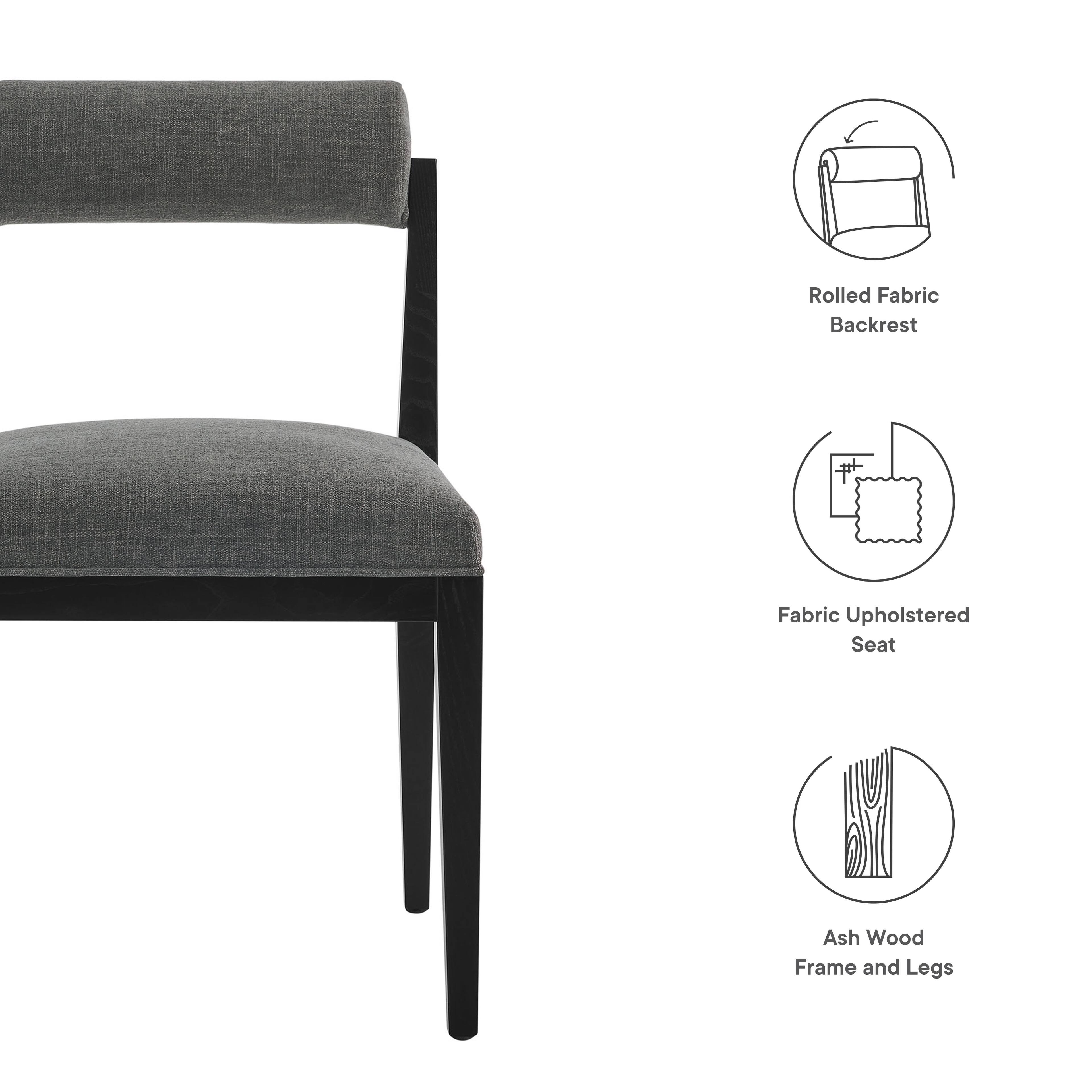 - Rolled Fabric Backrest
- Fabric Upholstered Seat
- Ash Wood Frame and Legs