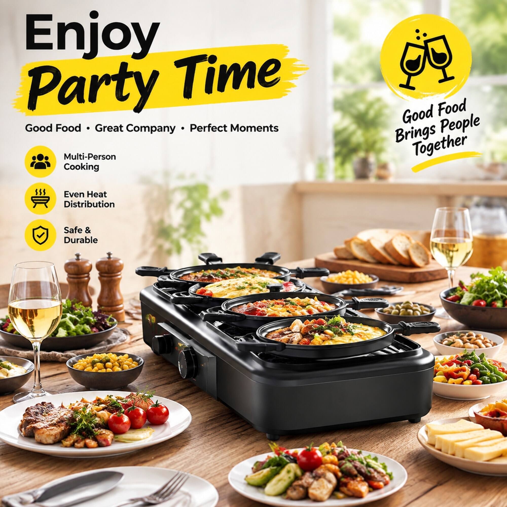 Enjoy Party Time  
Good Food · Great Company · Perfect Moments  
Multi-Person Cooking  
Even Heat Distribution  
Safe & Durable  

Good Food Brings People Together