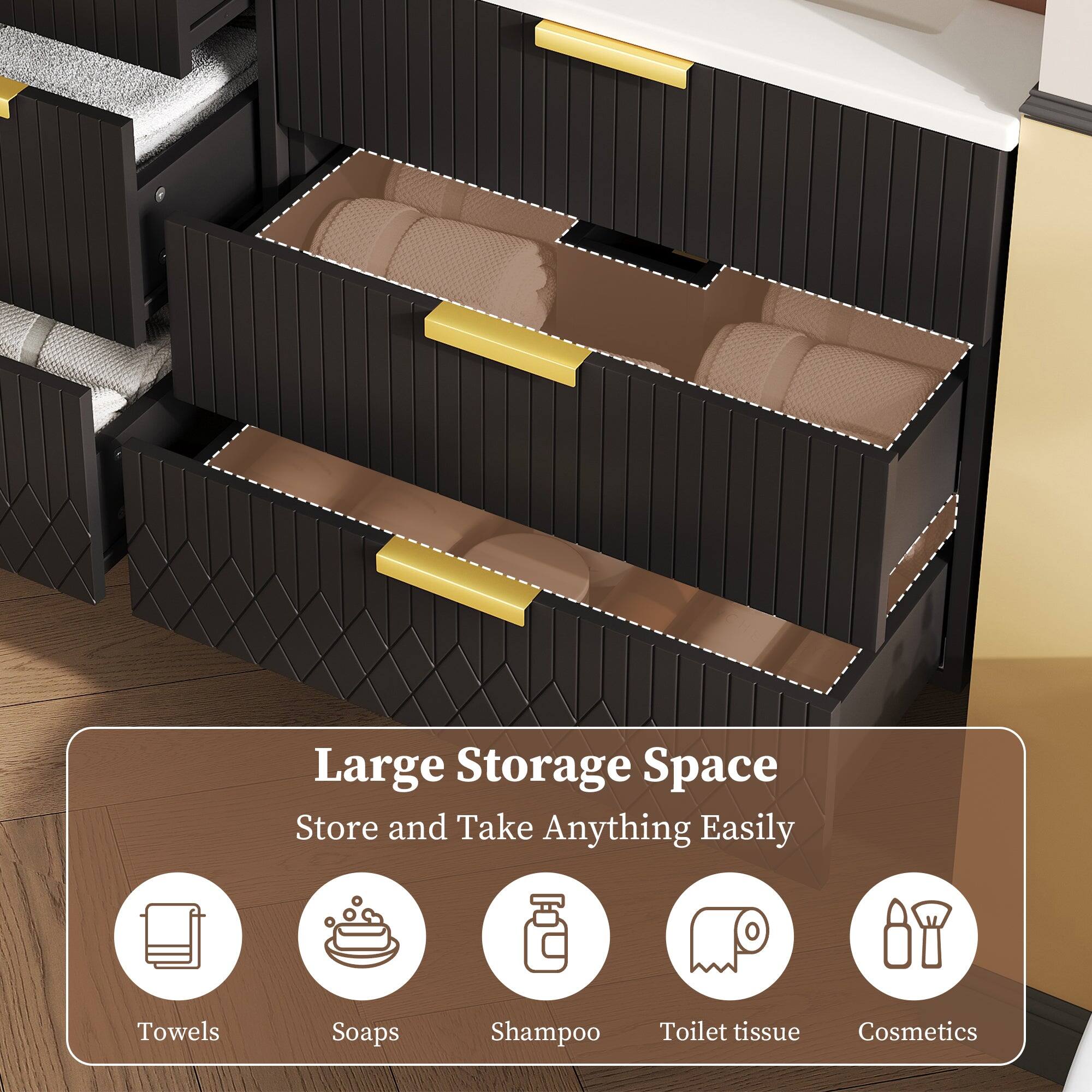 Large Storage Space  
Store and Take Anything Easily  
Towels  
Soaps  
Shampoo  
Toilet tissue  
Cosmetics