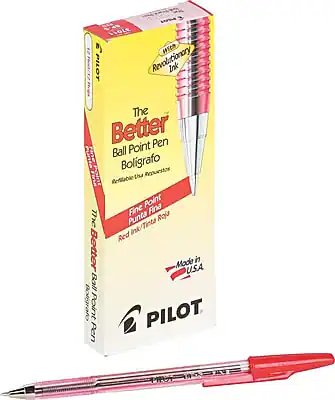 The Better Ball Point Pen
Bolígrafo
Revolutionary Ink
Fine Point
Punta Fina
Red Ink / Tinta Roja
Made in USA
Pilot
