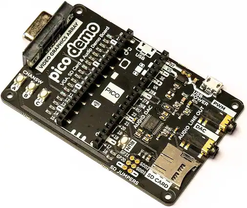 ARRAY Board 0 demo 1 GRAPHICS Demo 2 3 Audio 4 USB 1 VIDEO & 5 ial Q 0 VE pico Card 6 vS SD 7 - CHANSW VGA, 9 8 + 3E A L VA L 10 PICO 28 FEREO 11 - USB 13 12 26 27 POWER PWM - RU DAC 14 22 OUT Ie 15 21 AUDIO nhidorrcr LINE 20 DAC 18 19 AUDIO 16 17 RUN GP21 GP20 SD SDDI SDD2 JUMPERS SD CARD